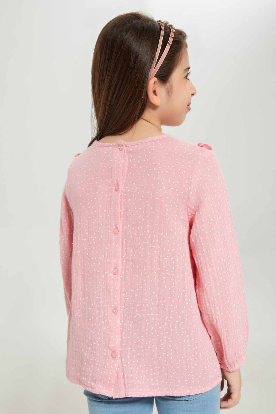 Redtag-Girls-Ls-Ruffle-Blouse---Dark-Pink-Spot-Category:Blouses,-Colour:Apricot,-Deals:New-In,-Dept:Girls,-Filter:Girls-(2-to-8-Yrs),-GIR-Blouses,-New-In-GIR-APL,-Non-Sale,-S23A,-Section:Girls-(0-to-14Yrs)-Girls-