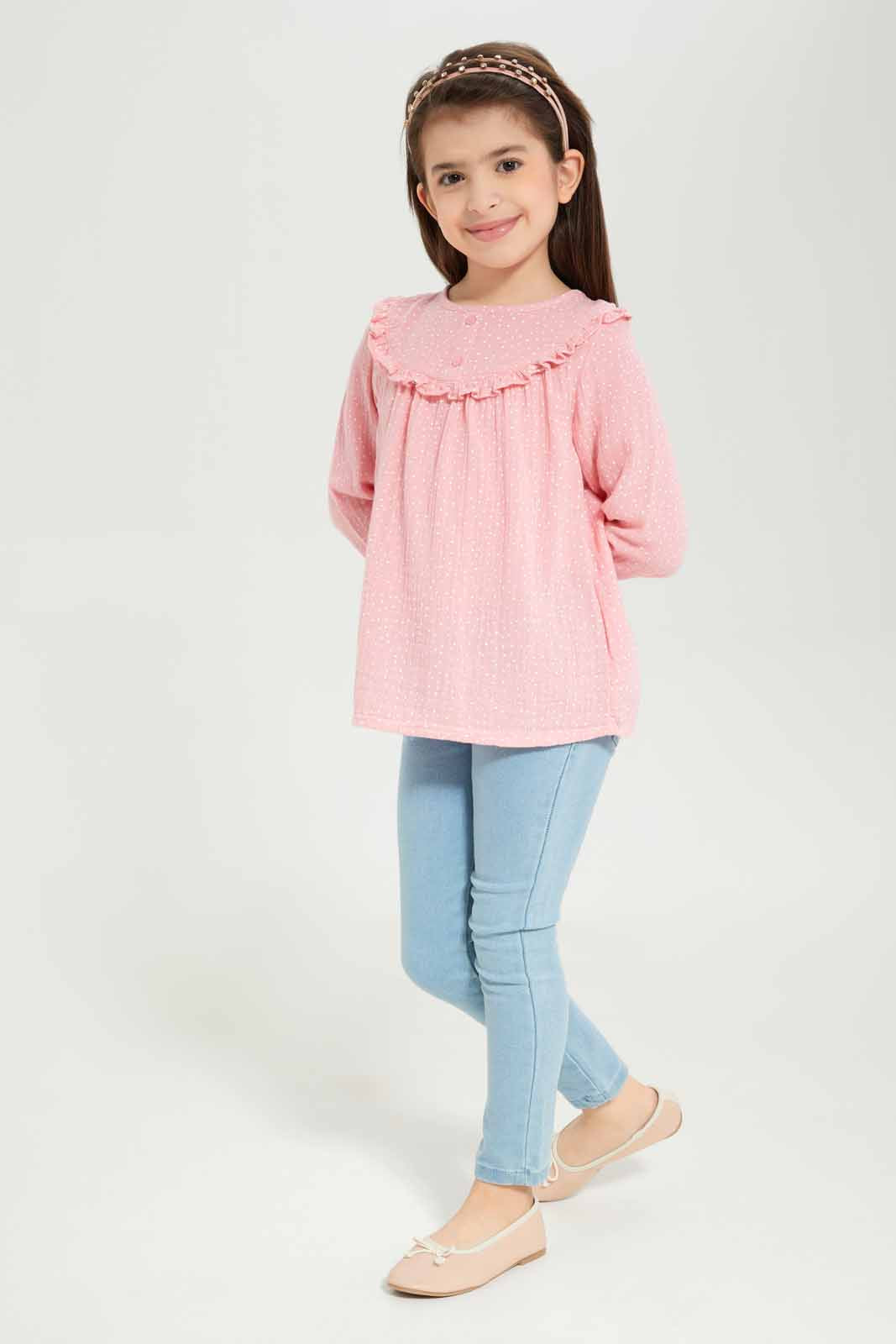 Redtag-Girls-Ls-Ruffle-Blouse---Dark-Pink-Spot-Category:Blouses,-Colour:Apricot,-Deals:New-In,-Dept:Girls,-Filter:Girls-(2-to-8-Yrs),-GIR-Blouses,-New-In-GIR-APL,-Non-Sale,-S23A,-Section:Girls-(0-to-14Yrs)-Girls-