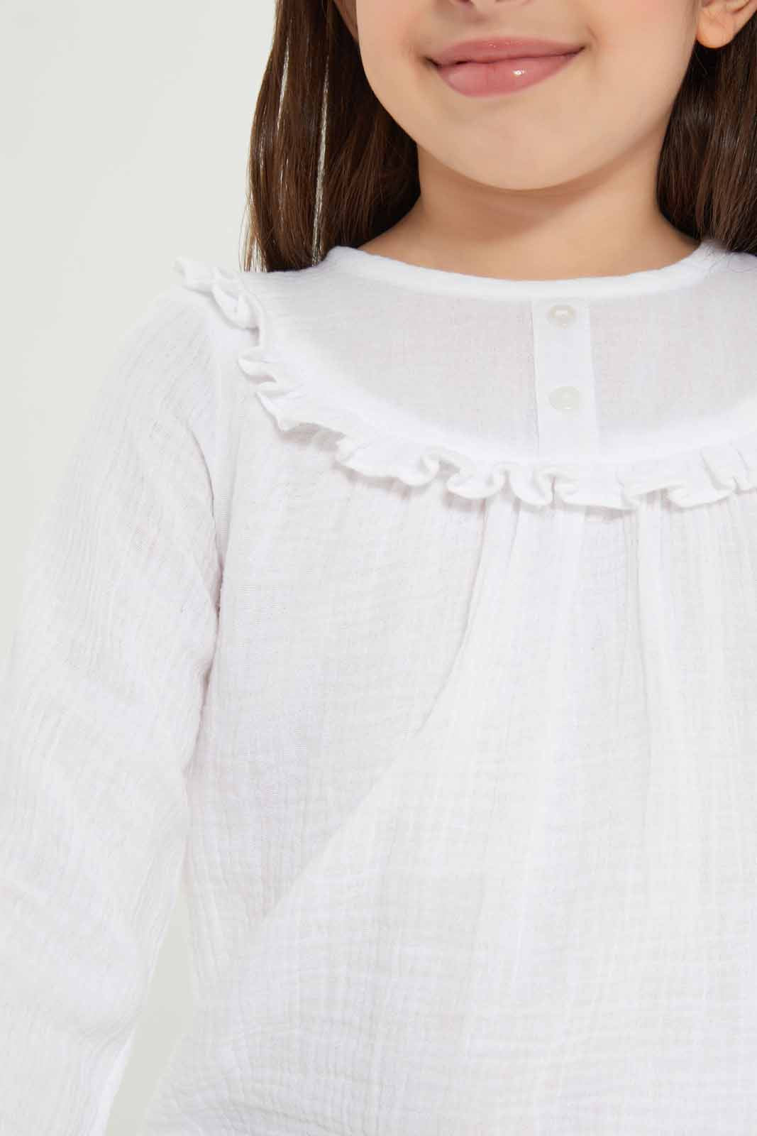 Redtag-Girls-Ls-Ruffle-Blouse---Cream-Category:Blouses,-Colour:Cream,-Deals:New-In,-Dept:Girls,-Filter:Girls-(2-to-8-Yrs),-GIR-Blouses,-New-In-GIR-APL,-Non-Sale,-S23A,-Section:Girls-(0-to-14Yrs)-Girls-