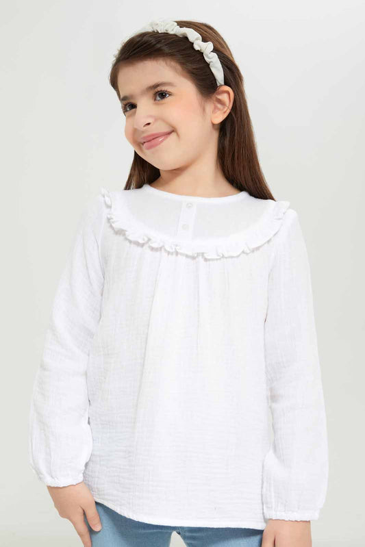 Redtag-Girls-Ls-Ruffle-Blouse---Cream-Category:Blouses,-Colour:Cream,-Deals:New-In,-Dept:Girls,-Filter:Girls-(2-to-8-Yrs),-GIR-Blouses,-New-In-GIR-APL,-Non-Sale,-S23A,-Section:Girls-(0-to-14Yrs)-Girls-