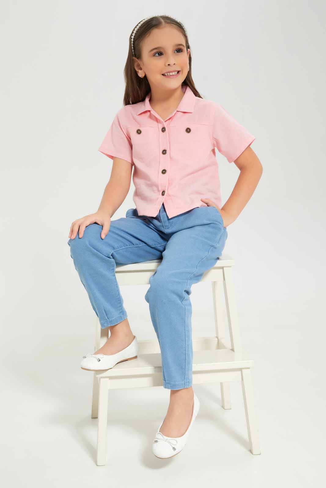 Redtag-Girls-Cropped-Shirt---Pink-Category:Blouses,-Colour:Apricot,-Deals:New-In,-Dept:Girls,-Filter:Girls-(2-to-8-Yrs),-GIR-Blouses,-New-In-GIR-APL,-Non-Sale,-S23A,-Section:Girls-(0-to-14Yrs)-Girls-2 to 8 Years