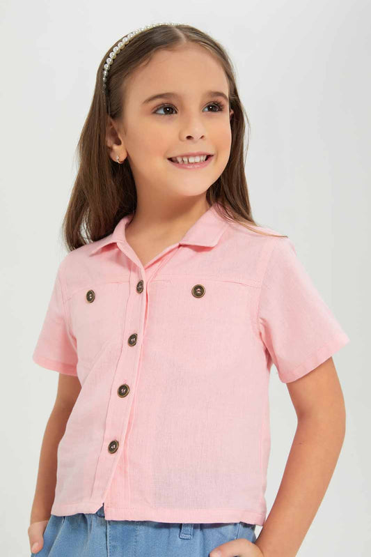 Redtag-Girls-Cropped-Shirt---Pink-Category:Blouses,-Colour:Apricot,-Deals:New-In,-Dept:Girls,-Filter:Girls-(2-to-8-Yrs),-GIR-Blouses,-New-In-GIR-APL,-Non-Sale,-S23A,-Section:Girls-(0-to-14Yrs)-Girls-2 to 8 Years