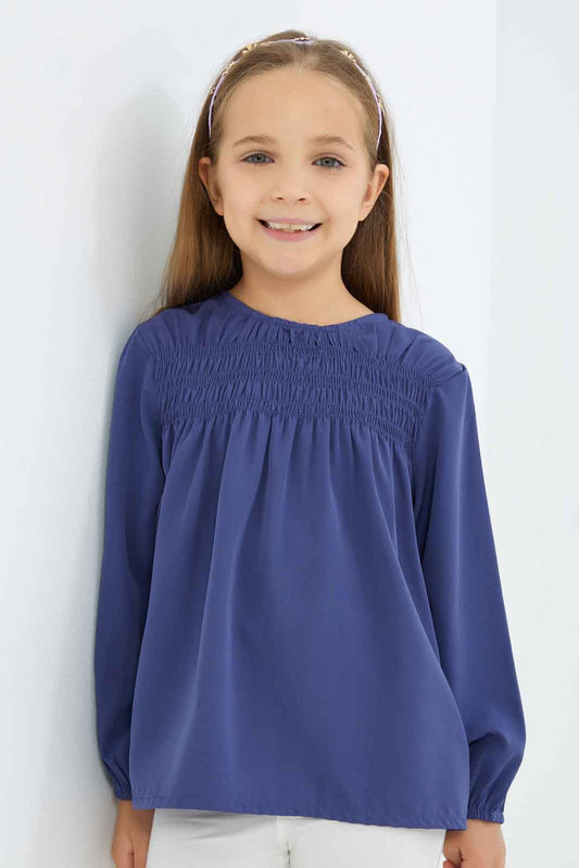 Redtag-Girls-Shirred-Blouse---Navy-2FOR49,-Category:Blouses,-Colour:Navy,-Deals:2-FOR-49,-Deals:New-In,-Dept:Girls,-Filter:Girls-(2-to-8-Yrs),-GIR-Blouses,-New-In-GIR-APL,-Non-Sale,-S23A,-Section:Girls-(0-to-14Yrs)-Girls-2 to 8 Years