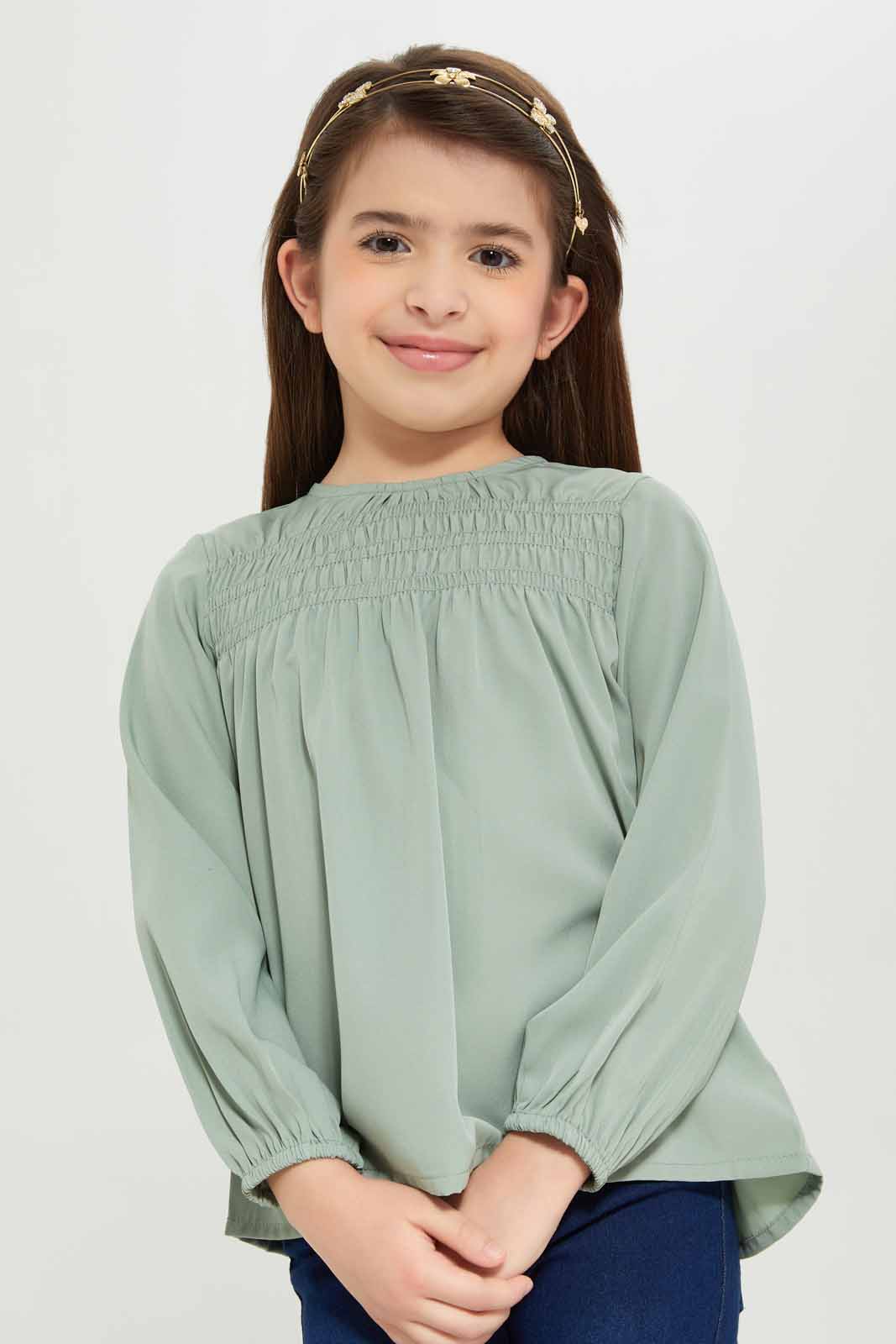 Redtag-Girls-Shirred-Blouse---Green-Category:Blouses,-Colour:Green,-Deals:New-In,-Dept:Girls,-Filter:Girls-(2-to-8-Yrs),-GIR-Blouses,-New-In-GIR-APL,-Non-Sale,-S23A,-Section:Girls-(0-to-14Yrs)-Girls-