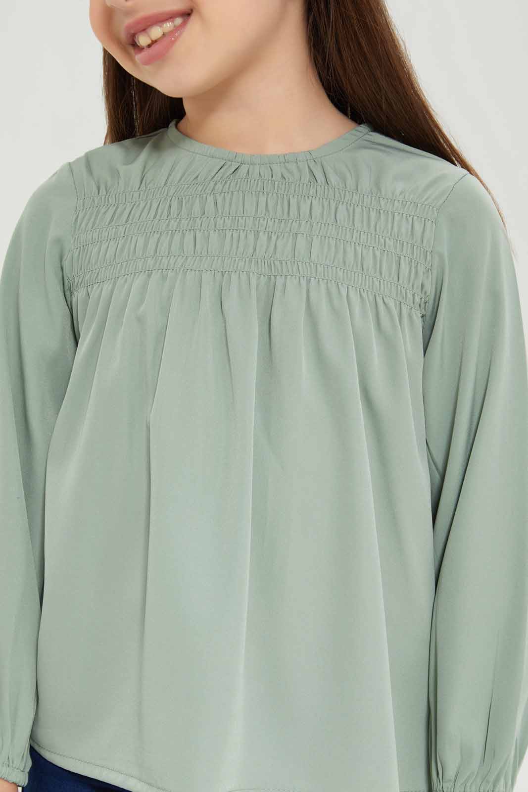 Redtag-Girls-Shirred-Blouse---Green-Category:Blouses,-Colour:Green,-Deals:New-In,-Dept:Girls,-Filter:Girls-(2-to-8-Yrs),-GIR-Blouses,-New-In-GIR-APL,-Non-Sale,-S23A,-Section:Girls-(0-to-14Yrs)-Girls-