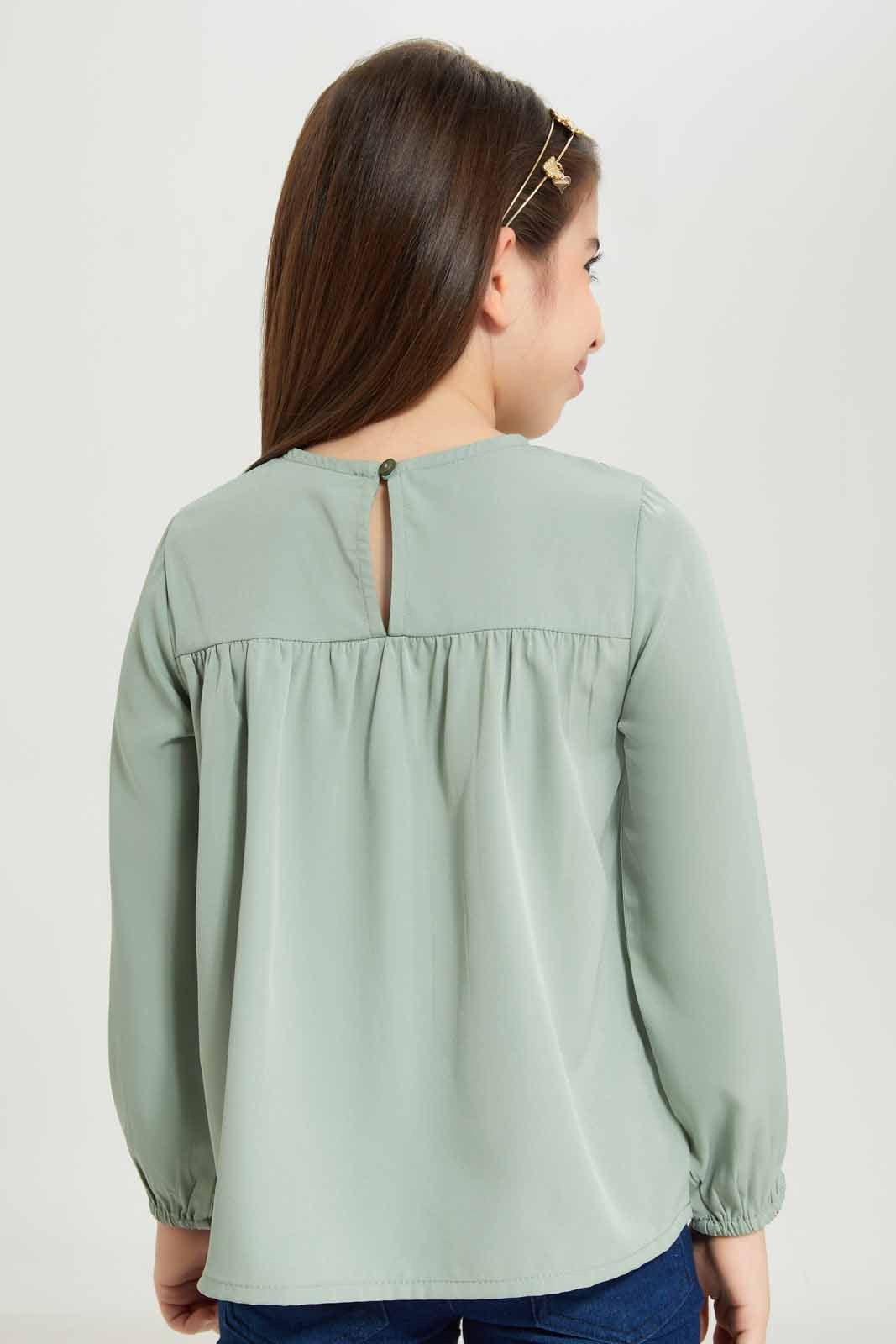 Redtag-Girls-Shirred-Blouse---Green-Category:Blouses,-Colour:Green,-Deals:New-In,-Dept:Girls,-Filter:Girls-(2-to-8-Yrs),-GIR-Blouses,-New-In-GIR-APL,-Non-Sale,-S23A,-Section:Girls-(0-to-14Yrs)-Girls-