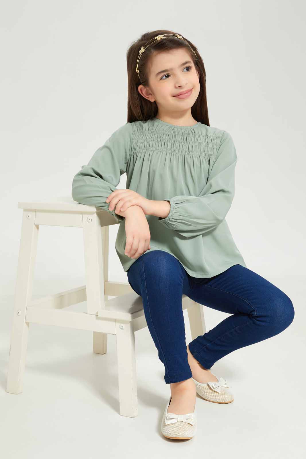 Redtag-Girls-Shirred-Blouse---Green-Category:Blouses,-Colour:Green,-Deals:New-In,-Dept:Girls,-Filter:Girls-(2-to-8-Yrs),-GIR-Blouses,-New-In-GIR-APL,-Non-Sale,-S23A,-Section:Girls-(0-to-14Yrs)-Girls-