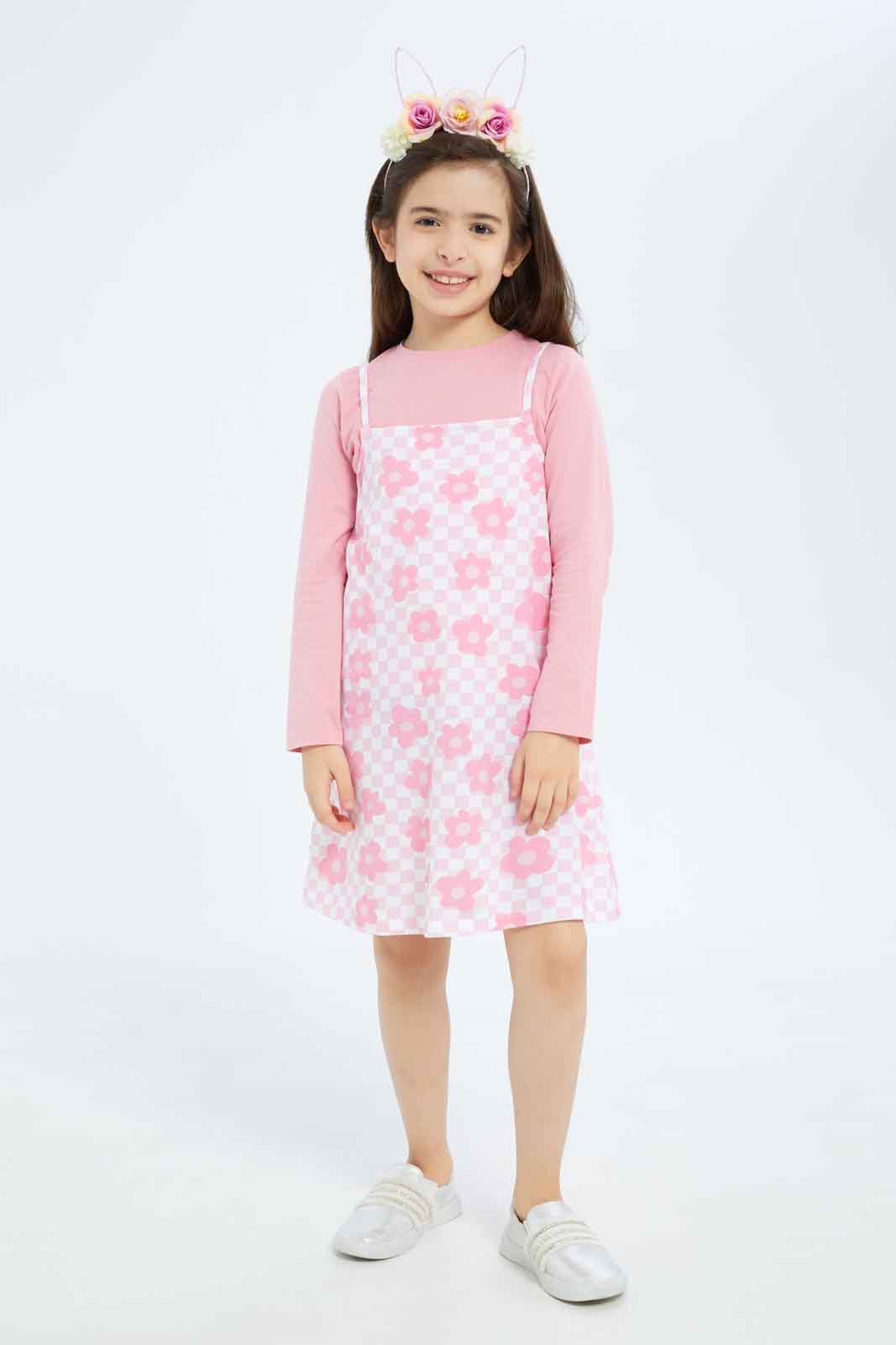 Redtag-Girls-Two-Piece-Slip-Dress---Flower-Aop-Category:Dresses,-Colour:Apricot,-Deals:New-In,-Dept:Girls,-Filter:Girls-(2-to-8-Yrs),-GIR-Dresses,-New-In-GIR-APL,-Non-Sale,-S23B,-Section:Girls-(0-to-14Yrs)-Girls-2 to 8 Years