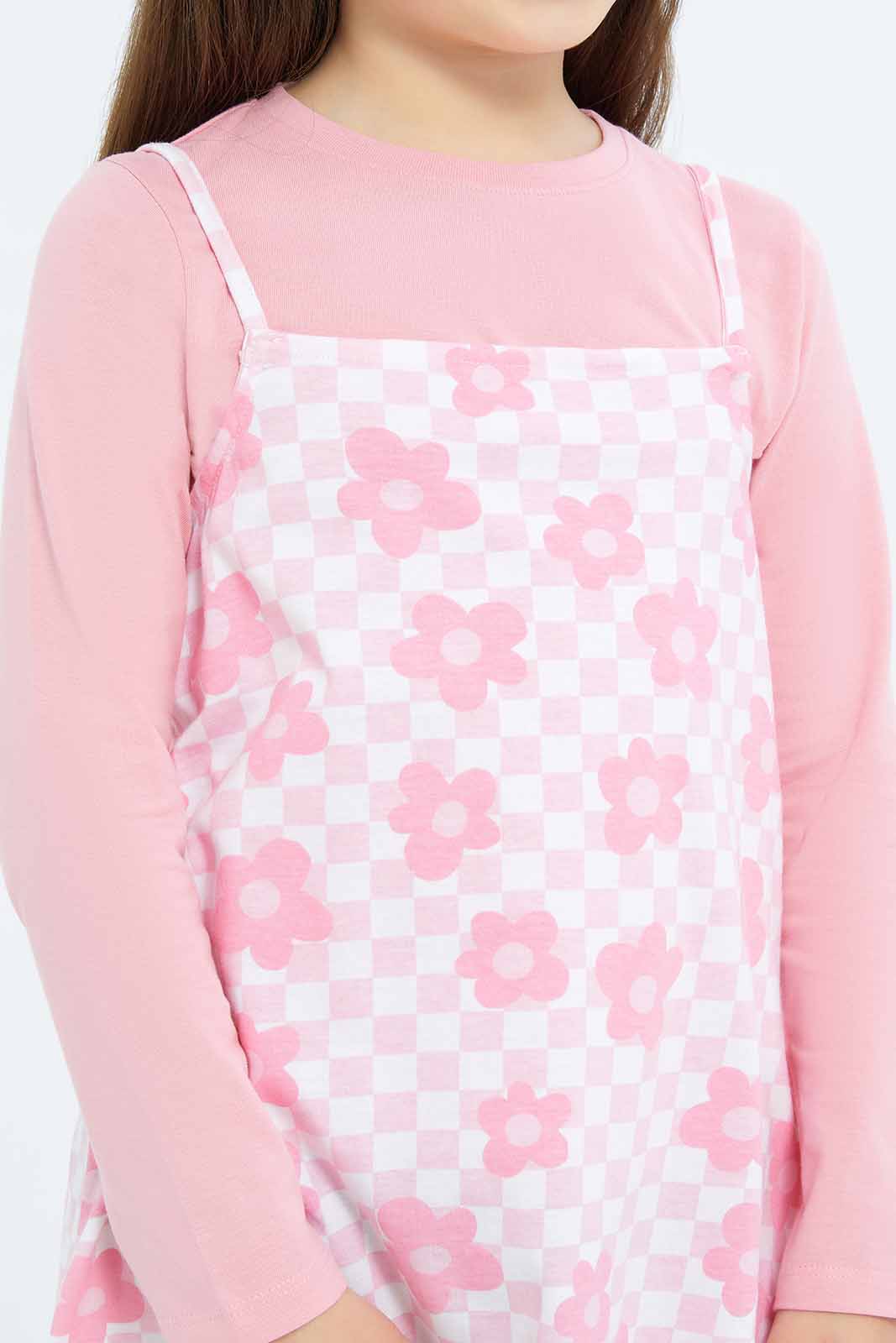 Redtag-Girls-Two-Piece-Slip-Dress---Flower-Aop-Category:Dresses,-Colour:Apricot,-Deals:New-In,-Dept:Girls,-Filter:Girls-(2-to-8-Yrs),-GIR-Dresses,-New-In-GIR-APL,-Non-Sale,-S23B,-Section:Girls-(0-to-14Yrs)-Girls-2 to 8 Years