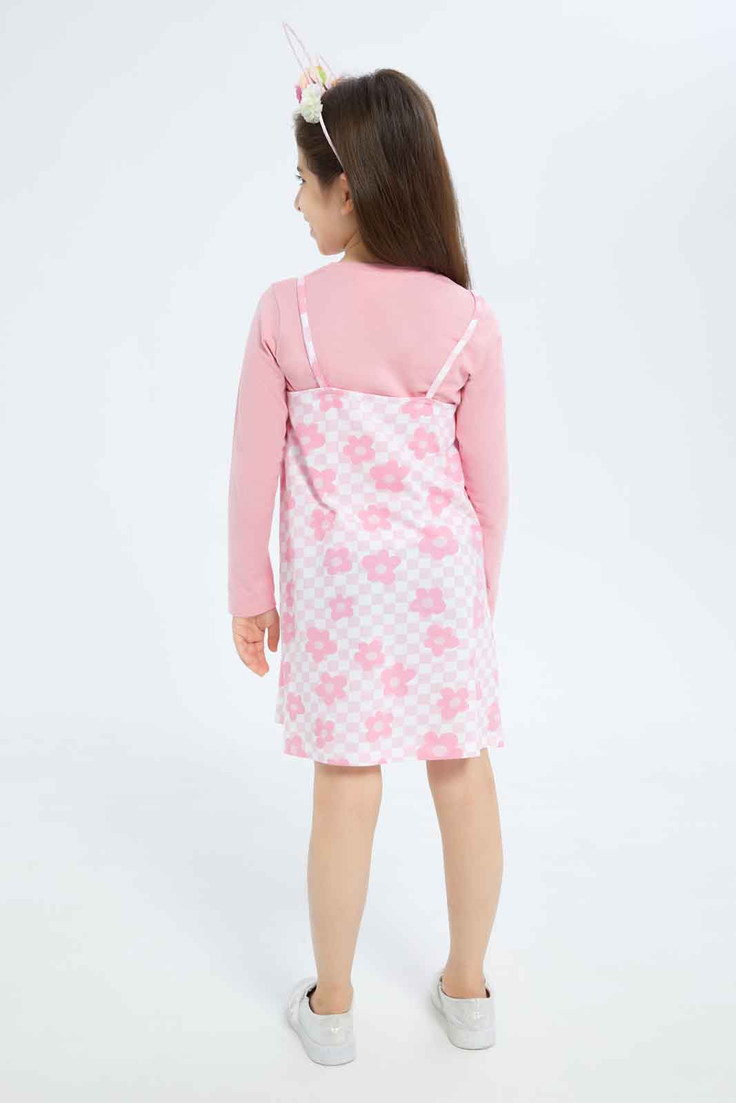 Redtag-Girls-Two-Piece-Slip-Dress---Flower-Aop-Category:Dresses,-Colour:Apricot,-Deals:New-In,-Dept:Girls,-Filter:Girls-(2-to-8-Yrs),-GIR-Dresses,-New-In-GIR-APL,-Non-Sale,-S23B,-Section:Girls-(0-to-14Yrs)-Girls-2 to 8 Years