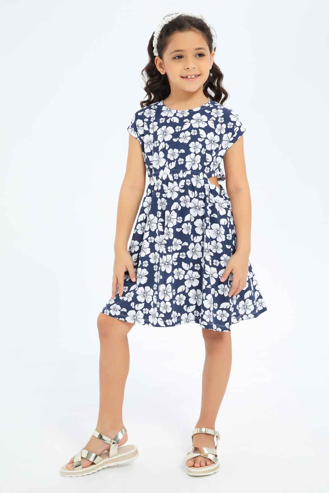 Redtag-Girls-Knit-Cut-Out-Dress---Red-Floral-Category:Dresses,-Colour:Red,-Deals:New-In,-Dept:Girls,-Filter:Girls-(2-to-8-Yrs),-GIR-Dresses,-New-In-GIR-APL,-Non-Sale,-S23B,-Section:Girls-(0-to-14Yrs)-Girls-2 to 8 Years