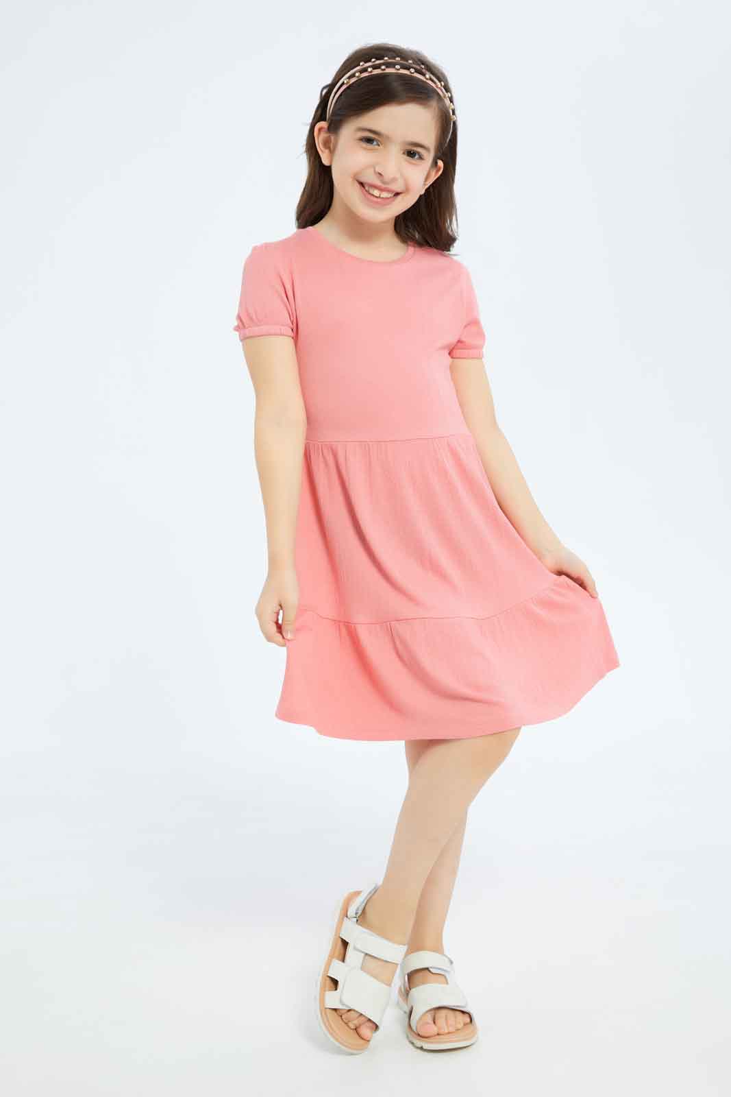 Redtag-Girls-Textured-Knit-Trapeze-Dress---Orange-Category:Dresses,-Colour:Orange,-Deals:New-In,-Dept:Girls,-Filter:Girls-(2-to-8-Yrs),-GIR-Dresses,-New-In-GIR-APL,-Non-Sale,-S23B,-Section:Girls-(0-to-14Yrs)-Girls-2 to 8 Years