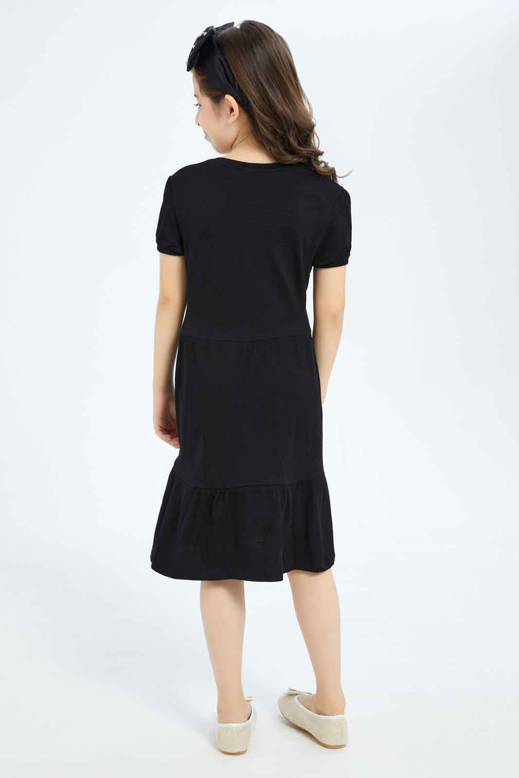Redtag-Girls-Textured-Knit-Trapeze-Dress---Black-Category:Dresses,-Colour:Black,-Deals:New-In,-Dept:Girls,-Filter:Girls-(2-to-8-Yrs),-GIR-Dresses,-New-In-GIR-APL,-Non-Sale,-S23B,-Section:Girls-(0-to-14Yrs)-Girls-2 to 8 Years