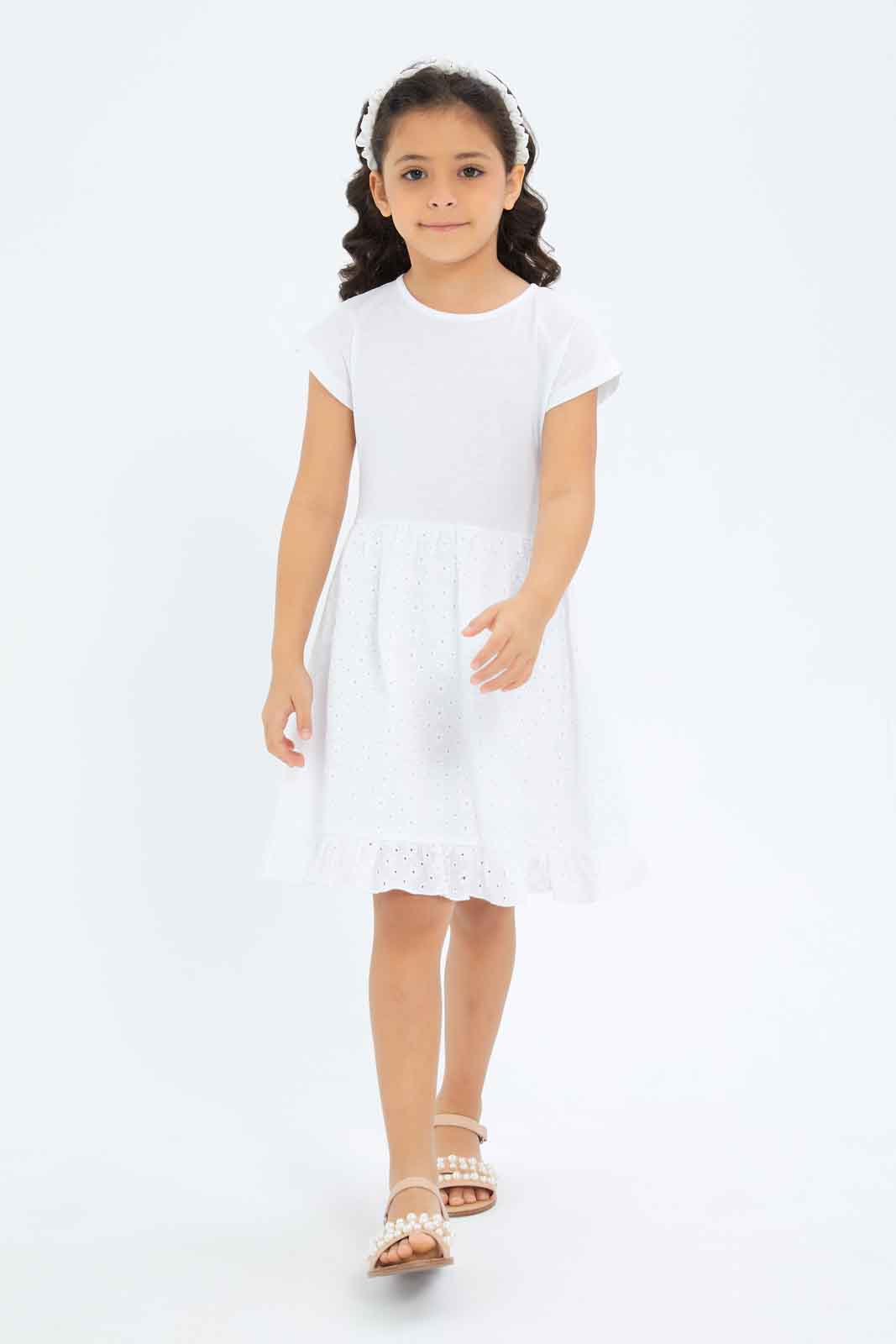 Redtag-Girls-Anglaise-Knit-Dress---White-Category:Dresses,-Colour:White,-Deals:New-In,-Dept:Girls,-Filter:Girls-(2-to-8-Yrs),-GIR-Dresses,-New-In-GIR-APL,-Non-Sale,-S23B,-Section:Girls-(0-to-14Yrs)-Girls-2 to 8 Years