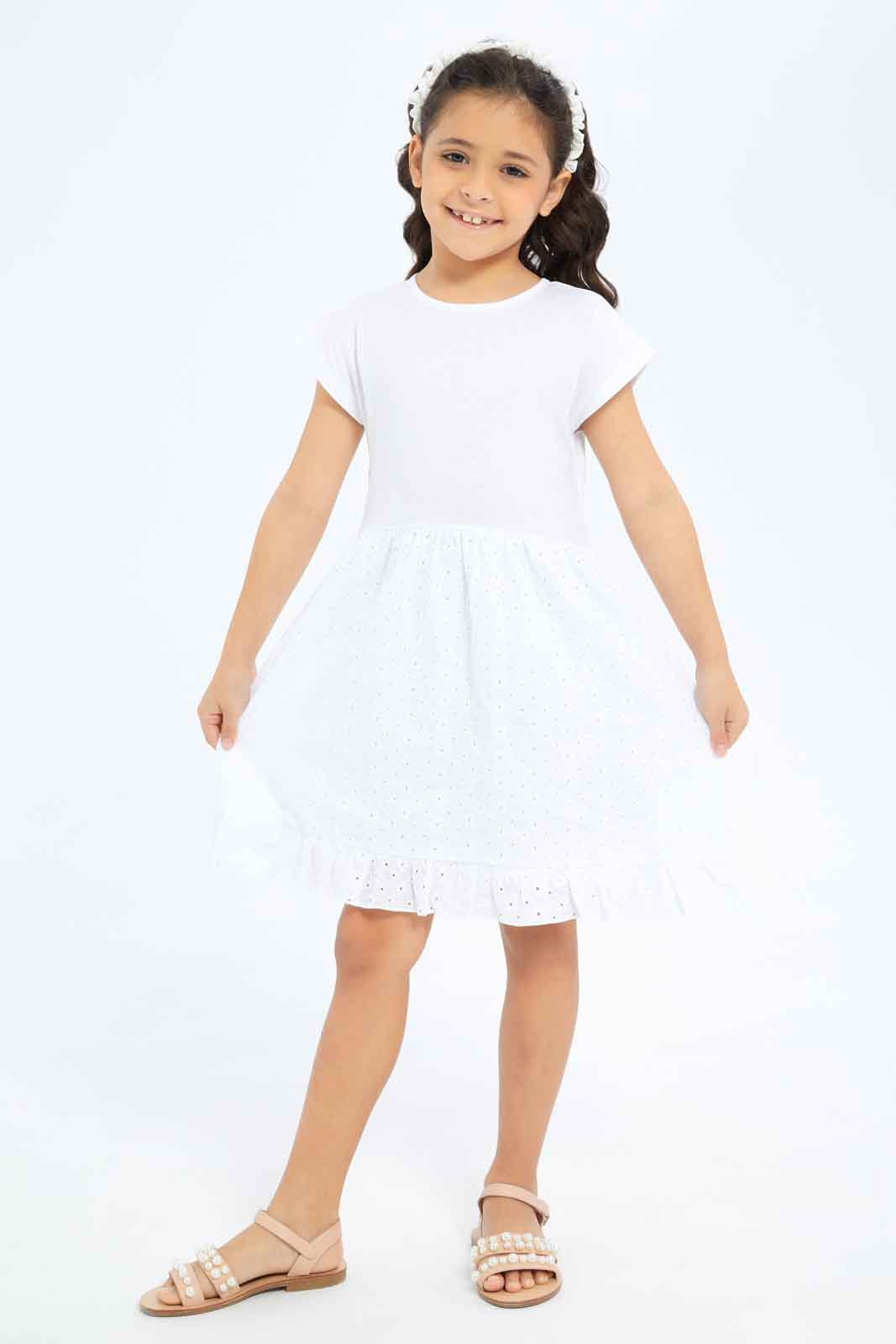 Redtag-Girls-Anglaise-Knit-Dress---White-Category:Dresses,-Colour:White,-Deals:New-In,-Dept:Girls,-Filter:Girls-(2-to-8-Yrs),-GIR-Dresses,-New-In-GIR-APL,-Non-Sale,-S23B,-Section:Girls-(0-to-14Yrs)-Girls-2 to 8 Years