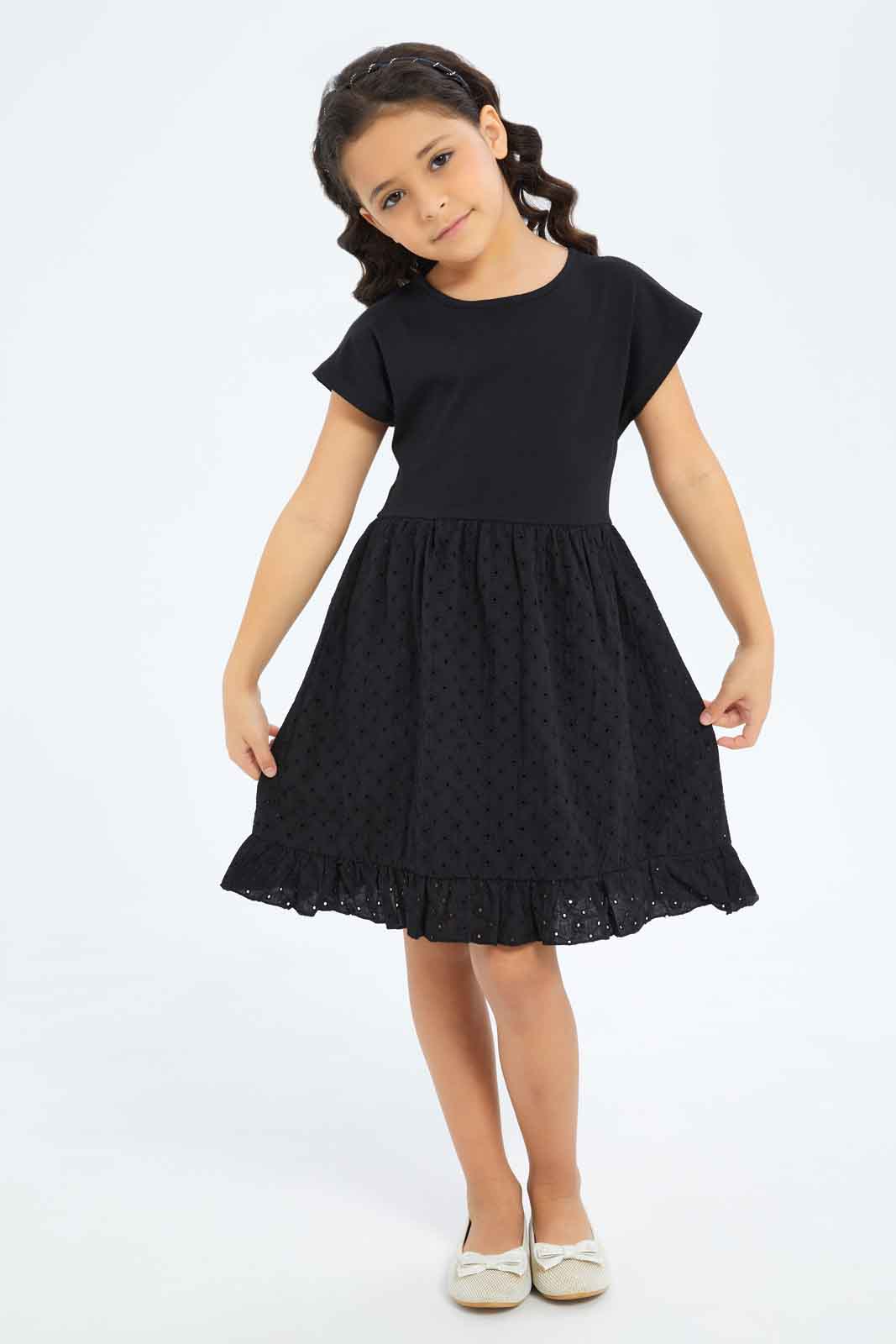 Redtag-Girls-Anglaise-Knit-Dress---Black-Category:Dresses,-Colour:Black,-Deals:New-In,-Dept:Girls,-Filter:Girls-(2-to-8-Yrs),-GIR-Dresses,-New-In-GIR-APL,-Non-Sale,-S23B,-Section:Girls-(0-to-14Yrs)-Girls-2 to 8 Years