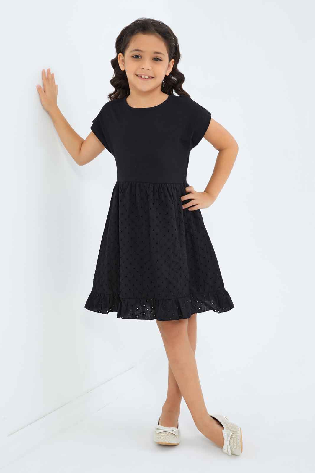 Redtag-Girls-Anglaise-Knit-Dress---Black-Category:Dresses,-Colour:Black,-Deals:New-In,-Dept:Girls,-Filter:Girls-(2-to-8-Yrs),-GIR-Dresses,-New-In-GIR-APL,-Non-Sale,-S23B,-Section:Girls-(0-to-14Yrs)-Girls-2 to 8 Years