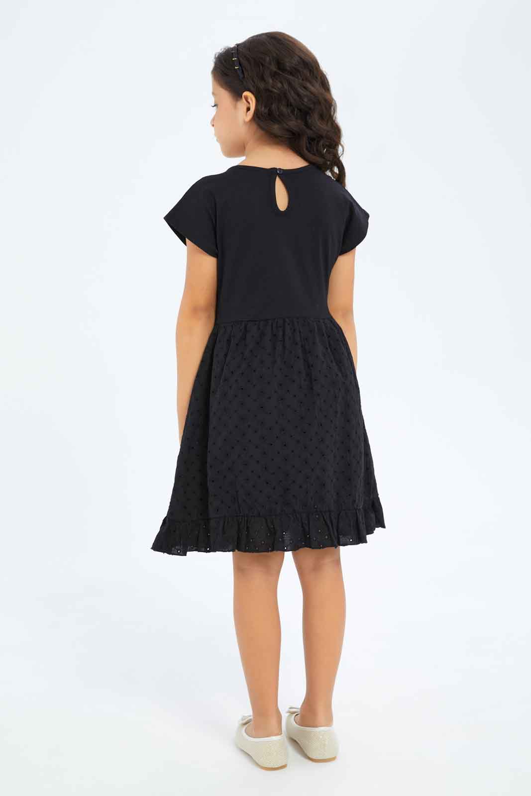 Redtag-Girls-Anglaise-Knit-Dress---Black-Category:Dresses,-Colour:Black,-Deals:New-In,-Dept:Girls,-Filter:Girls-(2-to-8-Yrs),-GIR-Dresses,-New-In-GIR-APL,-Non-Sale,-S23B,-Section:Girls-(0-to-14Yrs)-Girls-2 to 8 Years