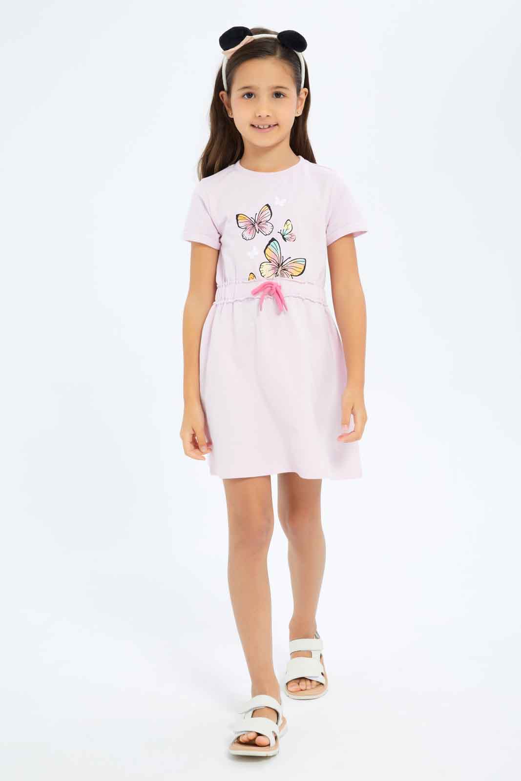 Redtag-Girls-Ss-Active-Dress---Light-Pink-Butterfly-Category:Dresses,-Colour:Apricot,-Deals:New-In,-Dept:Girls,-Filter:Girls-(2-to-8-Yrs),-GIR-Dresses,-New-In-GIR-APL,-Non-Sale,-S23B,-Section:Girls-(0-to-14Yrs)-Girls-2 to 8 Years