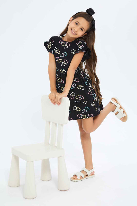 Redtag-Girls-1-Up-Knit-Dress-Ss---Charcoal-Hearts-Category:Dresses,-Colour:Charcoal,-Deals:New-In,-Dept:Girls,-Filter:Girls-(2-to-8-Yrs),-GIR-Dresses,-New-In-GIR-APL,-Non-Sale,-S23B,-Section:Girls-(0-to-14Yrs)-Girls-2 to 8 Years