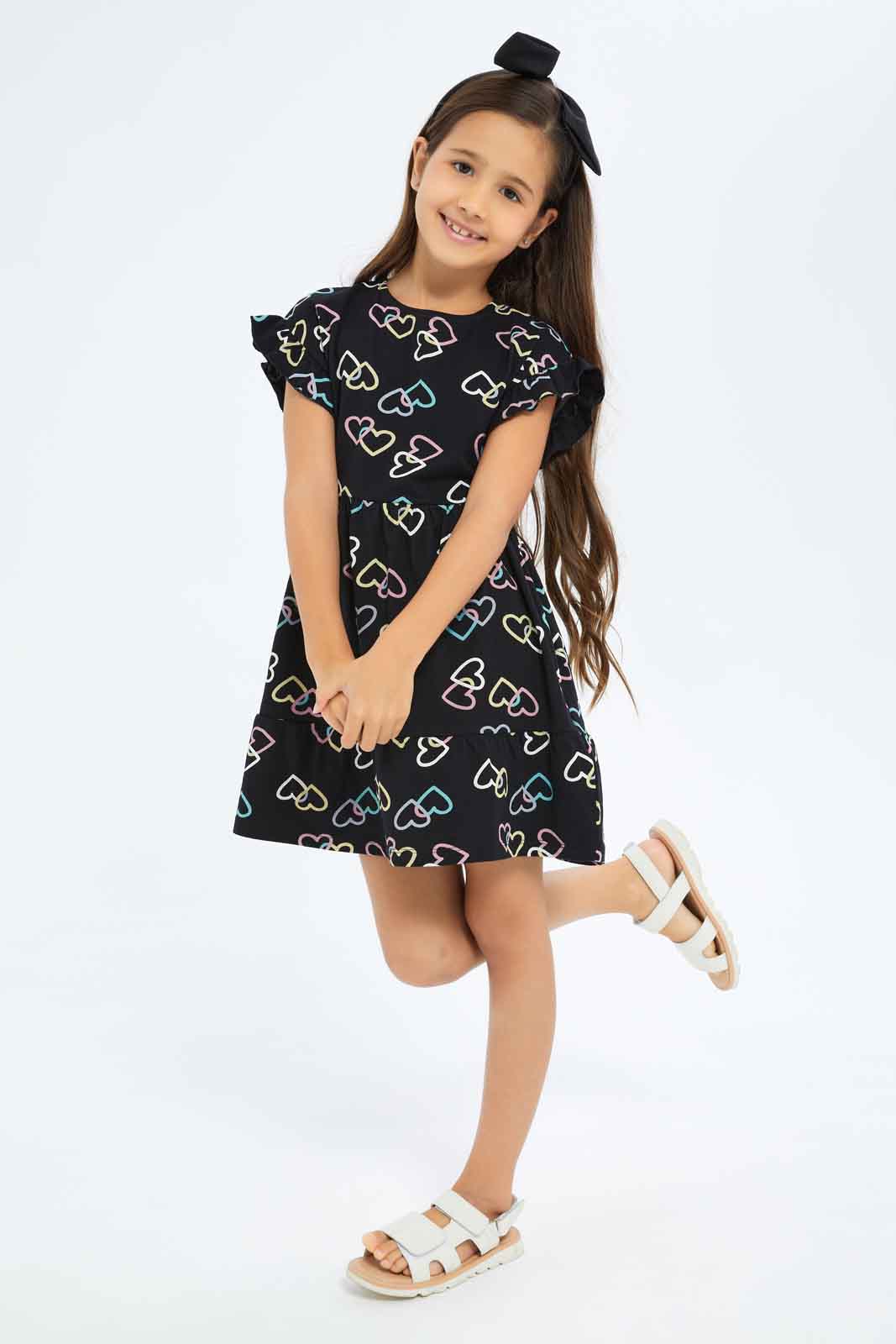 Redtag-Girls-1-Up-Knit-Dress-Ss---Charcoal-Hearts-Category:Dresses,-Colour:Charcoal,-Deals:New-In,-Dept:Girls,-Filter:Girls-(2-to-8-Yrs),-GIR-Dresses,-New-In-GIR-APL,-Non-Sale,-S23B,-Section:Girls-(0-to-14Yrs)-Girls-2 to 8 Years