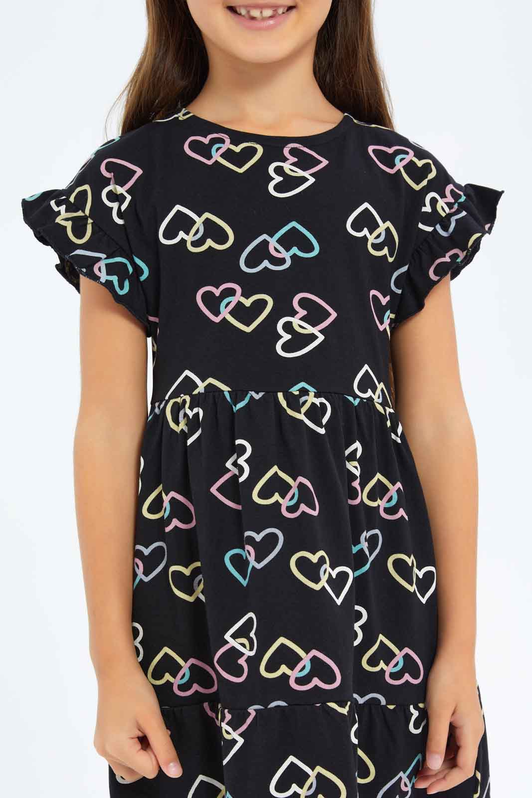Redtag-Girls-1-Up-Knit-Dress-Ss---Charcoal-Hearts-Category:Dresses,-Colour:Charcoal,-Deals:New-In,-Dept:Girls,-Filter:Girls-(2-to-8-Yrs),-GIR-Dresses,-New-In-GIR-APL,-Non-Sale,-S23B,-Section:Girls-(0-to-14Yrs)-Girls-2 to 8 Years