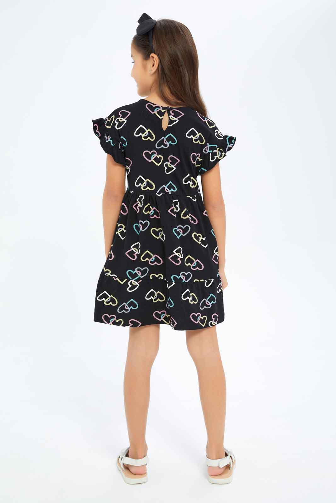 Redtag-Girls-1-Up-Knit-Dress-Ss---Charcoal-Hearts-Category:Dresses,-Colour:Charcoal,-Deals:New-In,-Dept:Girls,-Filter:Girls-(2-to-8-Yrs),-GIR-Dresses,-New-In-GIR-APL,-Non-Sale,-S23B,-Section:Girls-(0-to-14Yrs)-Girls-2 to 8 Years