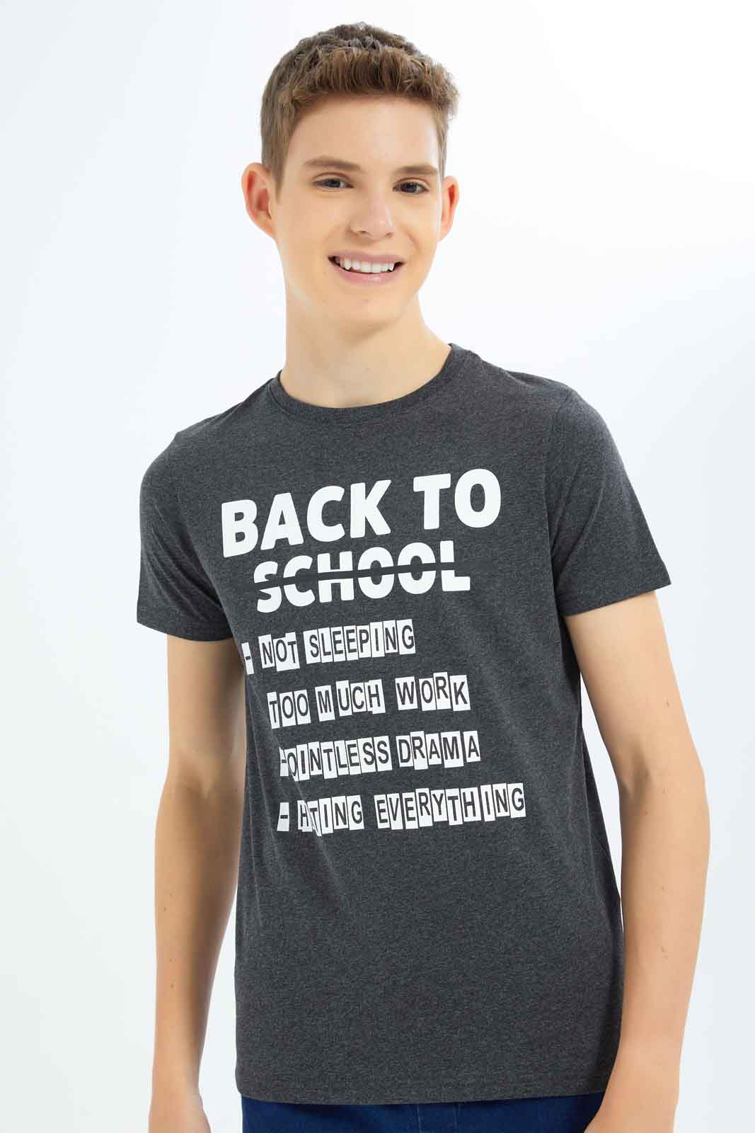 Redtag-Boys-Charcoal-Back-To-School-Graphic-Tee-BSR-T-Shirts,-Category:T-Shirts,-Colour:Green,-Deals:New-In,-Dept:Boys,-Filter:Senior-Boys-(8-to-14-Yrs),-New-In-BSR-APL,-Non-Sale,-S23B,-Section:Boys-(0-to-14Yrs),-TBL-Senior-Boys-9 to 14 Years