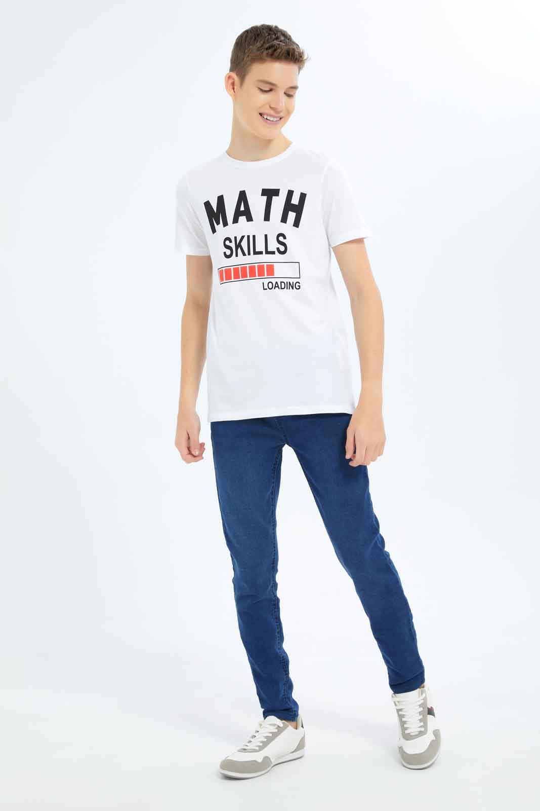 Redtag-Boys-White-Math-Skills-Loading-Graphic-Tee-BSR-T-Shirts,-Category:T-Shirts,-Colour:White,-Deals:New-In,-Dept:Boys,-Filter:Senior-Boys-(8-to-14-Yrs),-New-In-BSR-APL,-Non-Sale,-S23B,-Section:Boys-(0-to-14Yrs),-TBL-Senior-Boys-9 to 14 Years