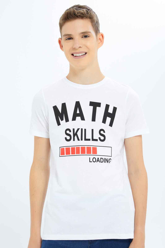 Redtag-Boys-White-Math-Skills-Loading-Graphic-Tee-BSR-T-Shirts,-Category:T-Shirts,-Colour:White,-Deals:New-In,-Dept:Boys,-Filter:Senior-Boys-(8-to-14-Yrs),-New-In-BSR-APL,-Non-Sale,-S23B,-Section:Boys-(0-to-14Yrs),-TBL-Senior-Boys-9 to 14 Years