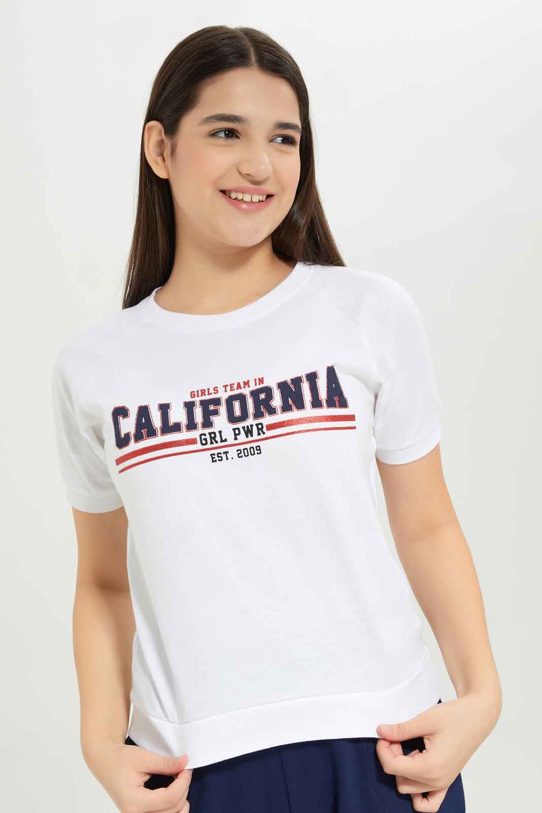 Redtag-Girls-White-Raglan-Sleeve-Top-Category:T-Shirts,-Colour:White,-Deals:New-In,-Dept:Girls,-Filter:Senior-Girls-(8-to-14-Yrs),-GSR-T-Shirts,-New-In-GSR-APL,-Non-Sale,-S23B,-Section:Girls-(0-to-14Yrs),-TBL-Senior-Girls-9 to 14 Years