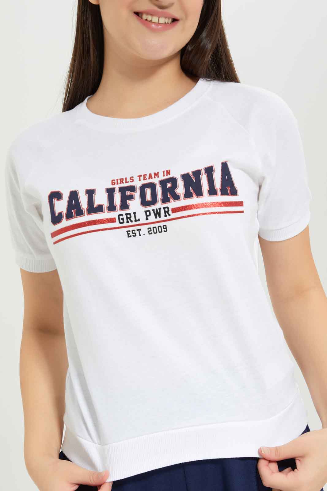 Redtag-Girls-White-Raglan-Sleeve-Top-Category:T-Shirts,-Colour:White,-Deals:New-In,-Dept:Girls,-Filter:Senior-Girls-(8-to-14-Yrs),-GSR-T-Shirts,-New-In-GSR-APL,-Non-Sale,-S23B,-Section:Girls-(0-to-14Yrs),-TBL-Senior-Girls-9 to 14 Years