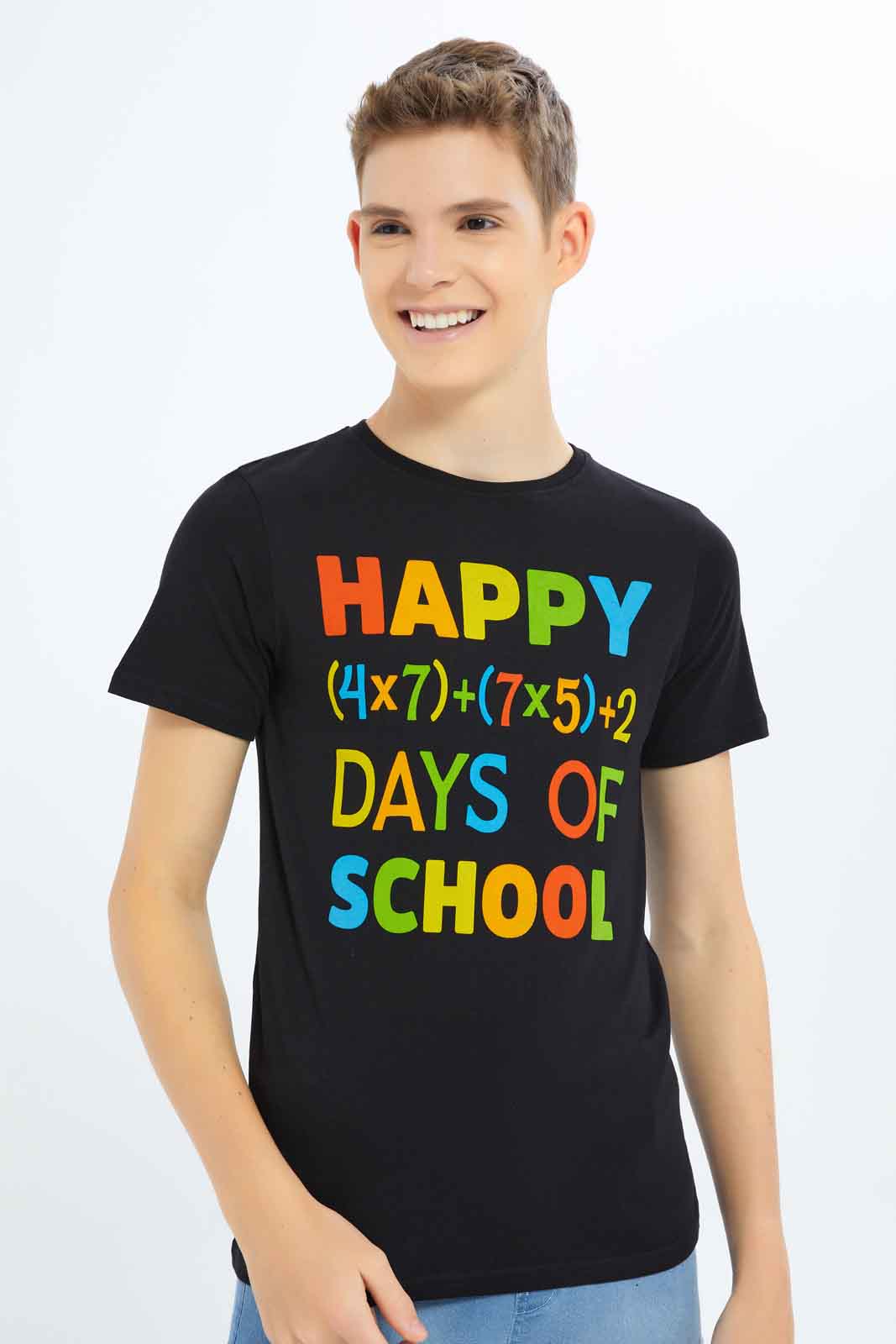 Redtag-Boys-Black-Happy-Days-Of-School-Graphic-Tee-BSR-T-Shirts,-Category:T-Shirts,-Colour:Black,-Deals:New-In,-Dept:Boys,-Filter:Senior-Boys-(8-to-14-Yrs),-New-In-BSR-APL,-Non-Sale,-S23B,-Section:Boys-(0-to-14Yrs),-TBL-Senior-Boys-9 to 14 Years