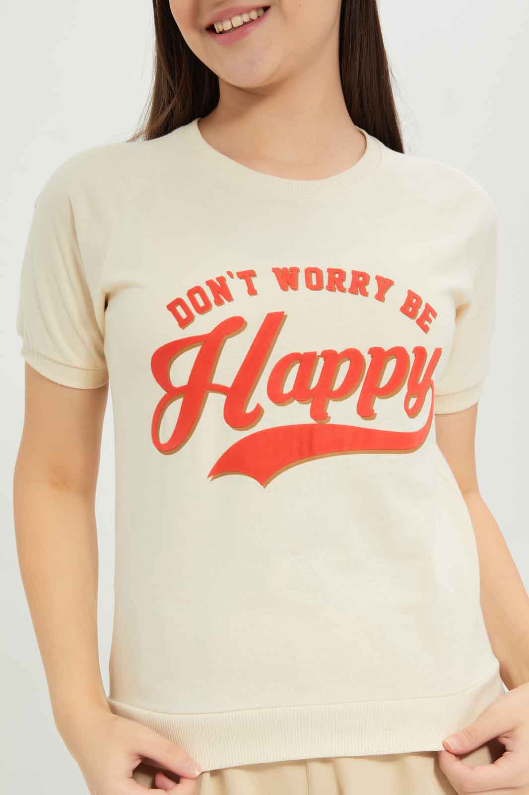 Redtag-Girls-Beige-Raglan-Sleeve-Top-Category:T-Shirts,-Colour:Beige,-Deals:New-In,-Dept:Girls,-Filter:Senior-Girls-(8-to-14-Yrs),-GSR-T-Shirts,-New-In-GSR-APL,-Non-Sale,-S23B,-Section:Girls-(0-to-14Yrs),-TBL-Senior-Girls-9 to 14 Years