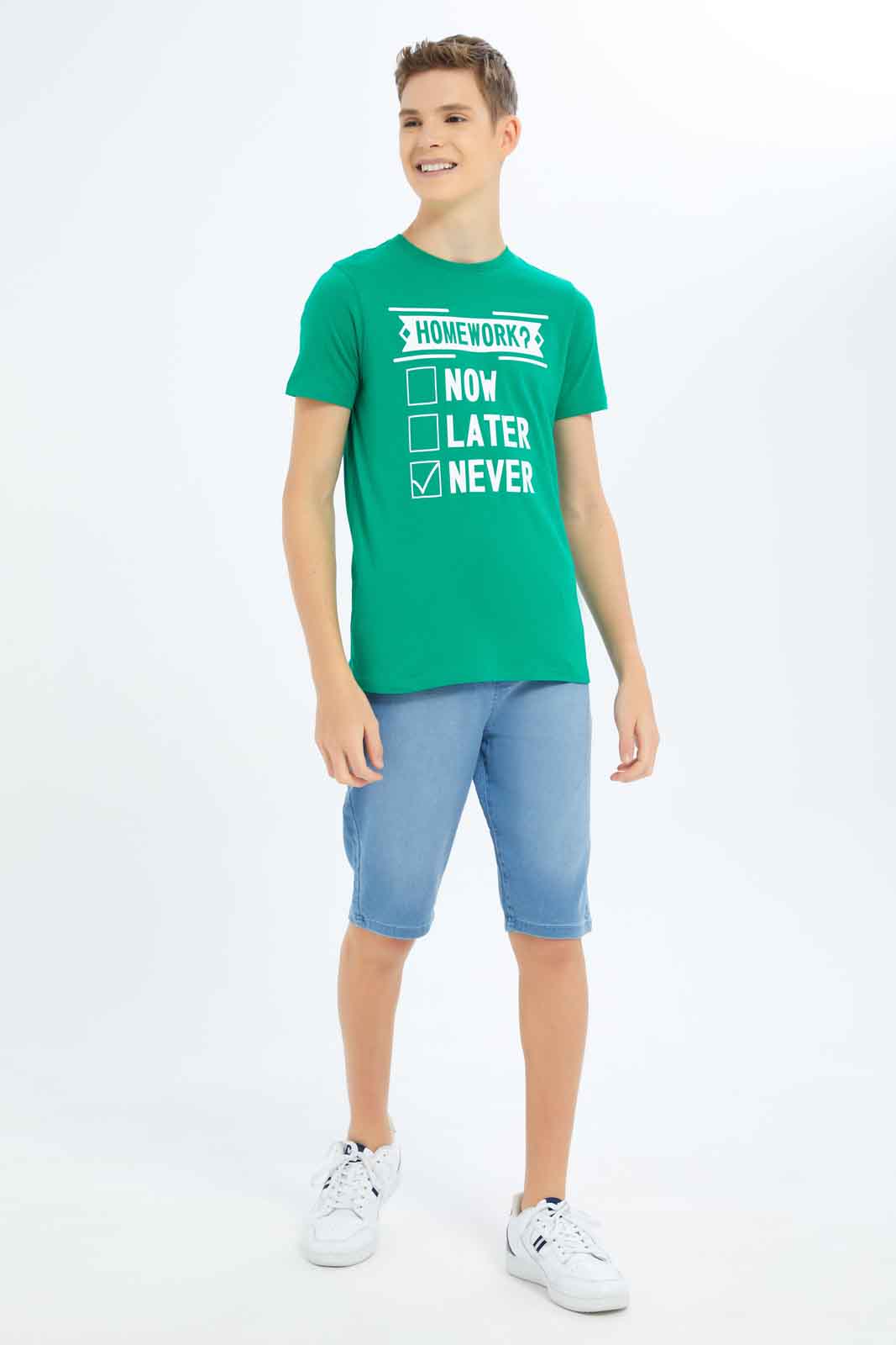 Redtag-Boys-Green-Homework-Now-Later-Never-Graphic-Tee-BSR-T-Shirts,-Category:T-Shirts,-Colour:Green,-Deals:New-In,-Dept:Boys,-Filter:Senior-Boys-(8-to-14-Yrs),-New-In-BSR-APL,-Non-Sale,-S23B,-Section:Boys-(0-to-14Yrs),-TBL-Senior-Boys-9 to 14 Years