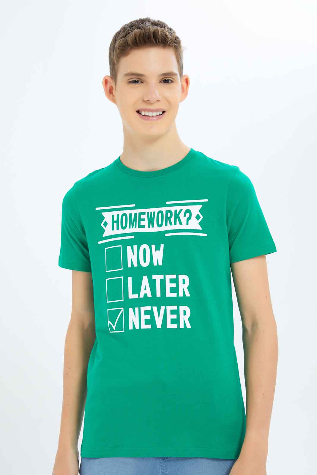 Redtag-Boys-Green-Homework-Now-Later-Never-Graphic-Tee-BSR-T-Shirts,-Category:T-Shirts,-Colour:Green,-Deals:New-In,-Dept:Boys,-Filter:Senior-Boys-(8-to-14-Yrs),-New-In-BSR-APL,-Non-Sale,-S23B,-Section:Boys-(0-to-14Yrs),-TBL-Senior-Boys-9 to 14 Years