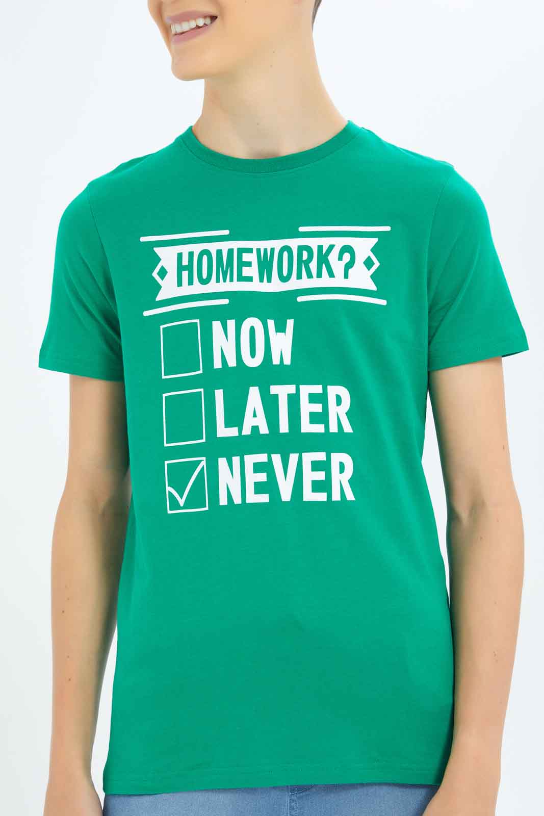 Redtag-Boys-Green-Homework-Now-Later-Never-Graphic-Tee-BSR-T-Shirts,-Category:T-Shirts,-Colour:Green,-Deals:New-In,-Dept:Boys,-Filter:Senior-Boys-(8-to-14-Yrs),-New-In-BSR-APL,-Non-Sale,-S23B,-Section:Boys-(0-to-14Yrs),-TBL-Senior-Boys-9 to 14 Years