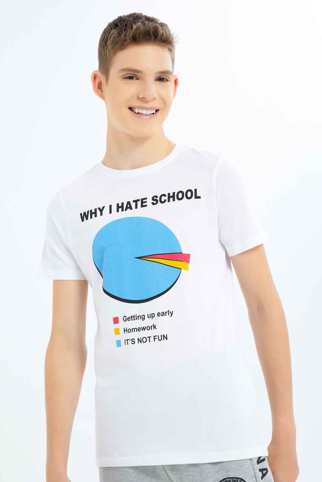 Redtag-Boys-White-Why-I-Hate-School-Graphic-Tee-BSR-T-Shirts,-Category:T-Shirts,-Colour:White,-Deals:New-In,-Dept:Boys,-Filter:Senior-Boys-(8-to-14-Yrs),-New-In-BSR-APL,-Non-Sale,-S23B,-Section:Boys-(0-to-14Yrs),-TBL-Senior-Boys-9 to 14 Years