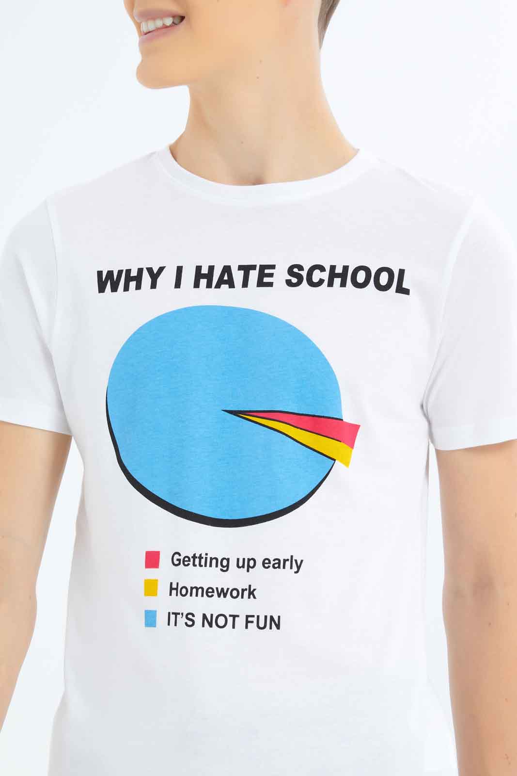 Redtag-Boys-White-Why-I-Hate-School-Graphic-Tee-BSR-T-Shirts,-Category:T-Shirts,-Colour:White,-Deals:New-In,-Dept:Boys,-Filter:Senior-Boys-(8-to-14-Yrs),-New-In-BSR-APL,-Non-Sale,-S23B,-Section:Boys-(0-to-14Yrs),-TBL-Senior-Boys-9 to 14 Years