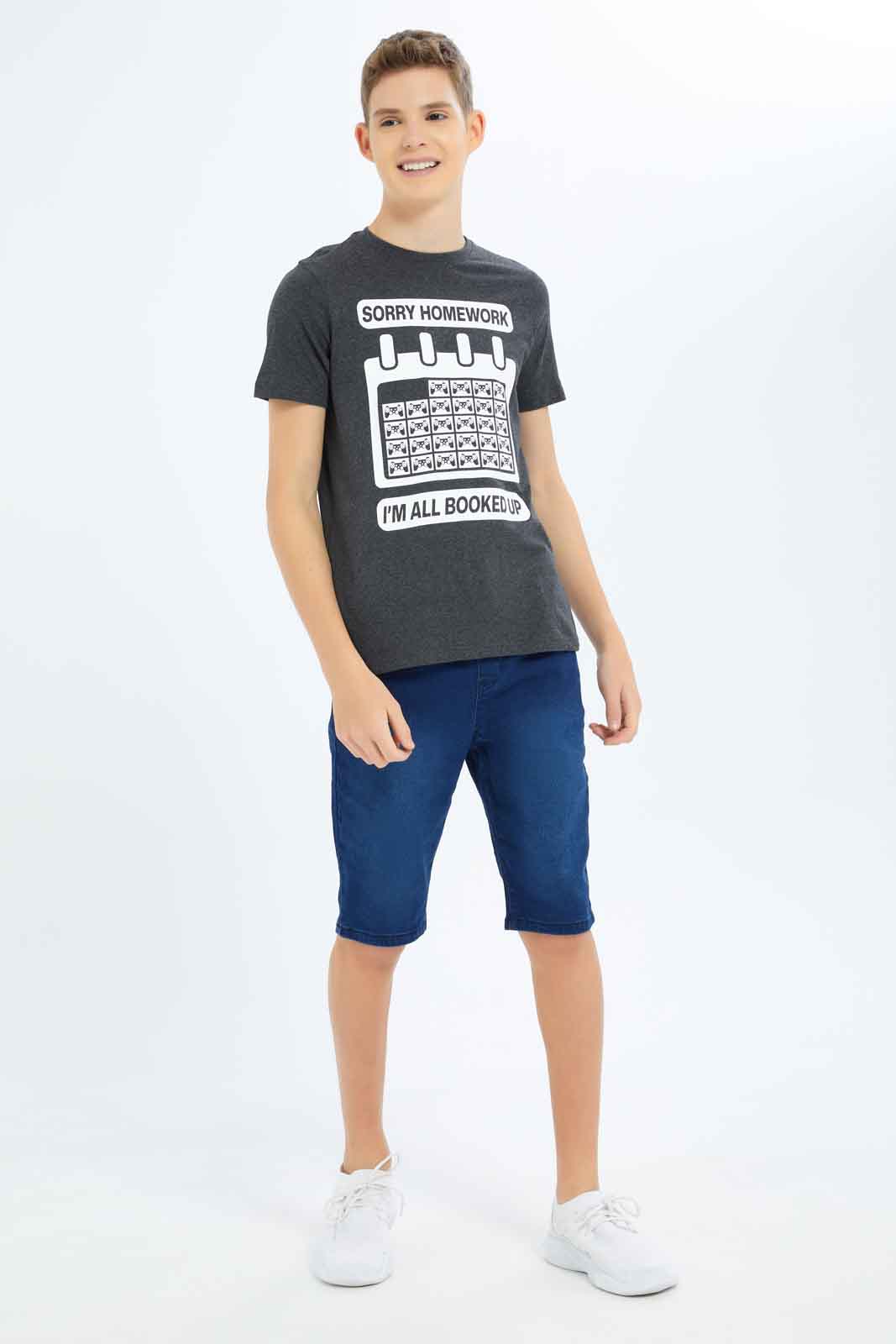 Redtag-Boys-Charcoal-Sorry-Homework-Graphic-Tee-BSR-T-Shirts,-Category:T-Shirts,-Colour:Charcoal,-Deals:New-In,-Dept:Boys,-Filter:Senior-Boys-(8-to-14-Yrs),-New-In-BSR-APL,-Non-Sale,-S23B,-Section:Boys-(0-to-14Yrs),-TBL-Senior-Boys-9 to 14 Years