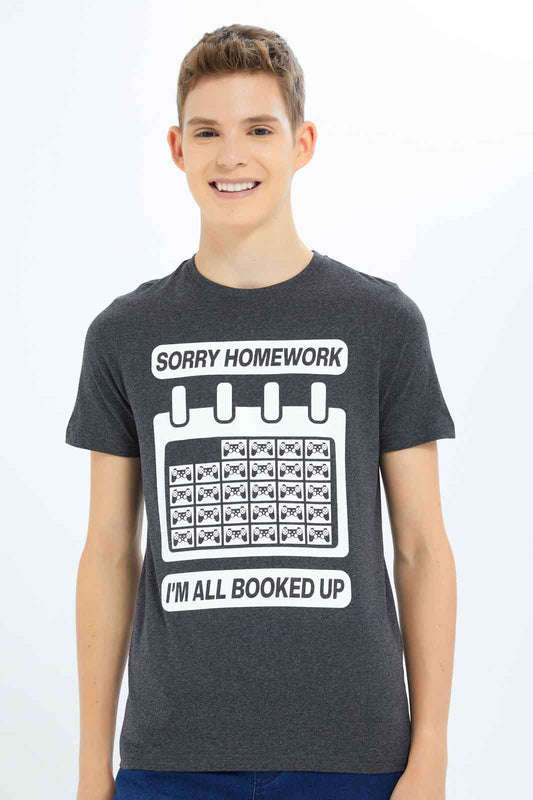 Redtag-Boys-Charcoal-Sorry-Homework-Graphic-Tee-BSR-T-Shirts,-Category:T-Shirts,-Colour:Charcoal,-Deals:New-In,-Dept:Boys,-Filter:Senior-Boys-(8-to-14-Yrs),-New-In-BSR-APL,-Non-Sale,-S23B,-Section:Boys-(0-to-14Yrs),-TBL-Senior-Boys-9 to 14 Years
