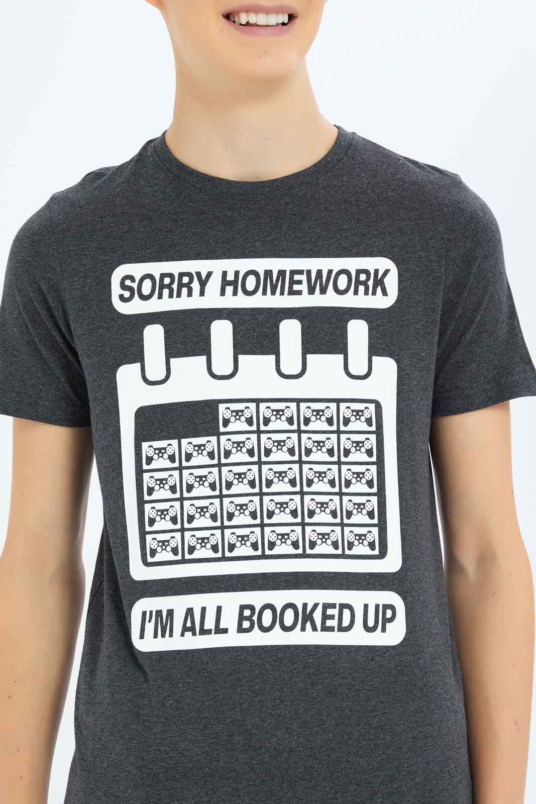 Redtag-Boys-Charcoal-Sorry-Homework-Graphic-Tee-BSR-T-Shirts,-Category:T-Shirts,-Colour:Charcoal,-Deals:New-In,-Dept:Boys,-Filter:Senior-Boys-(8-to-14-Yrs),-New-In-BSR-APL,-Non-Sale,-S23B,-Section:Boys-(0-to-14Yrs),-TBL-Senior-Boys-9 to 14 Years