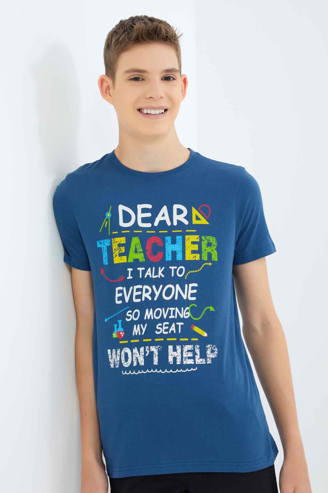 Redtag-Boys-Pet-Blue-Dear-Teacher-Graphic-Tee-BSR-T-Shirts,-Category:T-Shirts,-Colour:Blue,-Deals:New-In,-Dept:Boys,-Filter:Senior-Boys-(8-to-14-Yrs),-New-In-BSR-APL,-Non-Sale,-S23B,-Section:Boys-(0-to-14Yrs),-TBL-Senior-Boys-9 to 14 Years