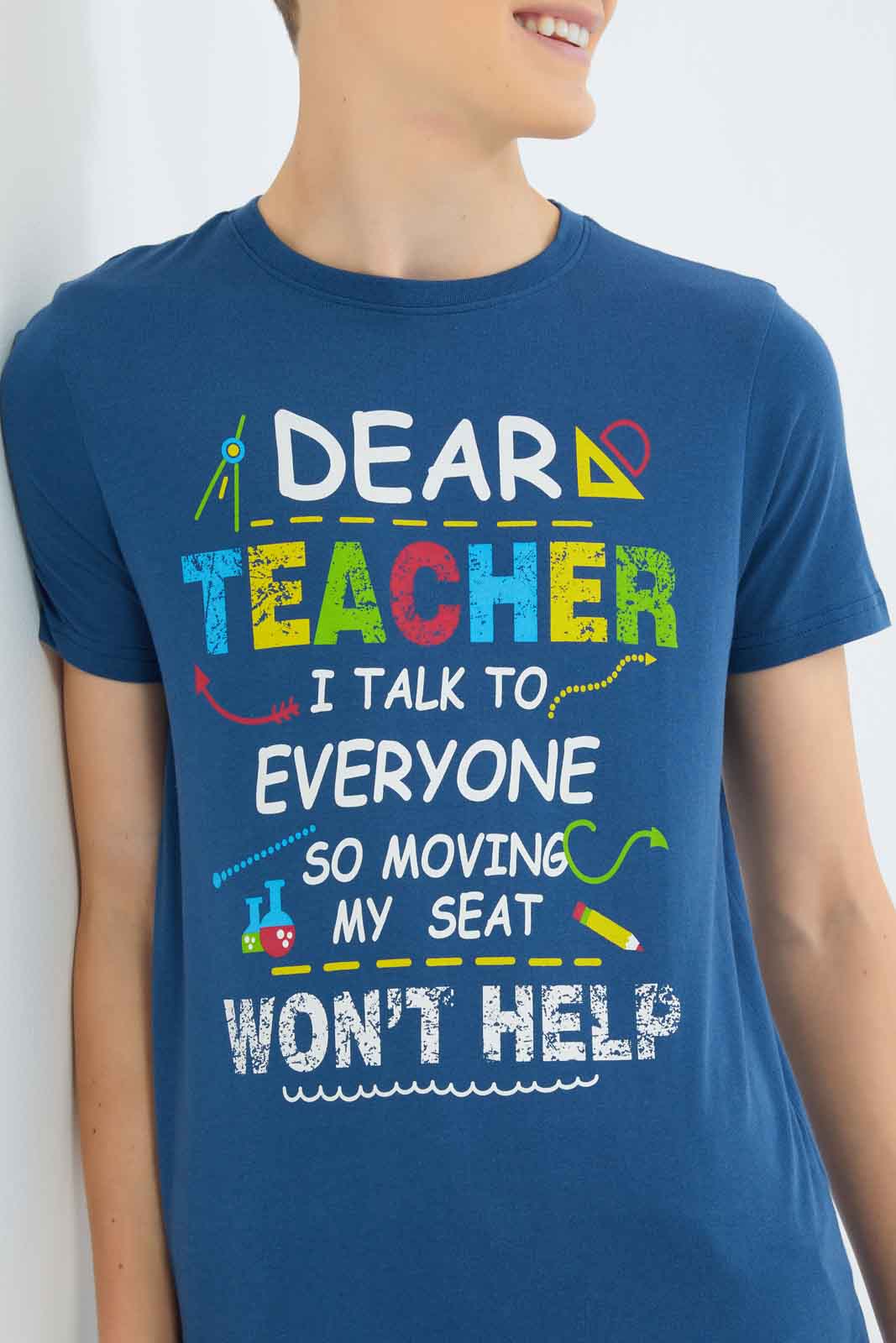 Redtag-Boys-Pet-Blue-Dear-Teacher-Graphic-Tee-BSR-T-Shirts,-Category:T-Shirts,-Colour:Blue,-Deals:New-In,-Dept:Boys,-Filter:Senior-Boys-(8-to-14-Yrs),-New-In-BSR-APL,-Non-Sale,-S23B,-Section:Boys-(0-to-14Yrs),-TBL-Senior-Boys-9 to 14 Years