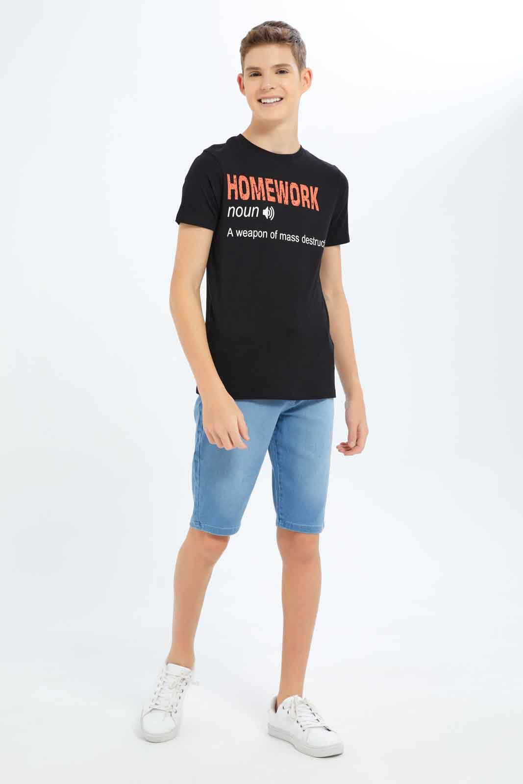 Redtag-Boys-Black-Homework-Noun-Graphic-Tee-BSR-T-Shirts,-Category:T-Shirts,-Colour:Black,-Deals:New-In,-Dept:Boys,-Filter:Senior-Boys-(8-to-14-Yrs),-New-In-BSR-APL,-Non-Sale,-S23B,-Section:Boys-(0-to-14Yrs),-TBL-Senior-Boys-9 to 14 Years