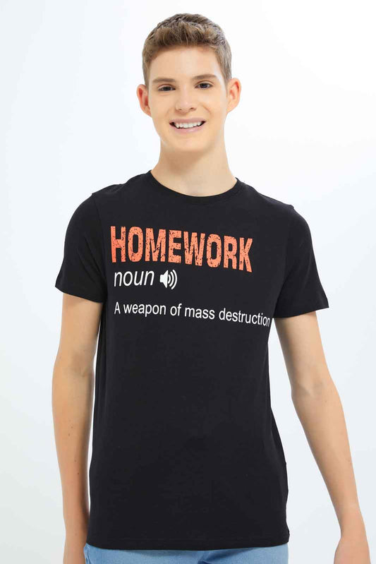 Redtag-Boys-Black-Homework-Noun-Graphic-Tee-BSR-T-Shirts,-Category:T-Shirts,-Colour:Black,-Deals:New-In,-Dept:Boys,-Filter:Senior-Boys-(8-to-14-Yrs),-New-In-BSR-APL,-Non-Sale,-S23B,-Section:Boys-(0-to-14Yrs),-TBL-Senior-Boys-9 to 14 Years