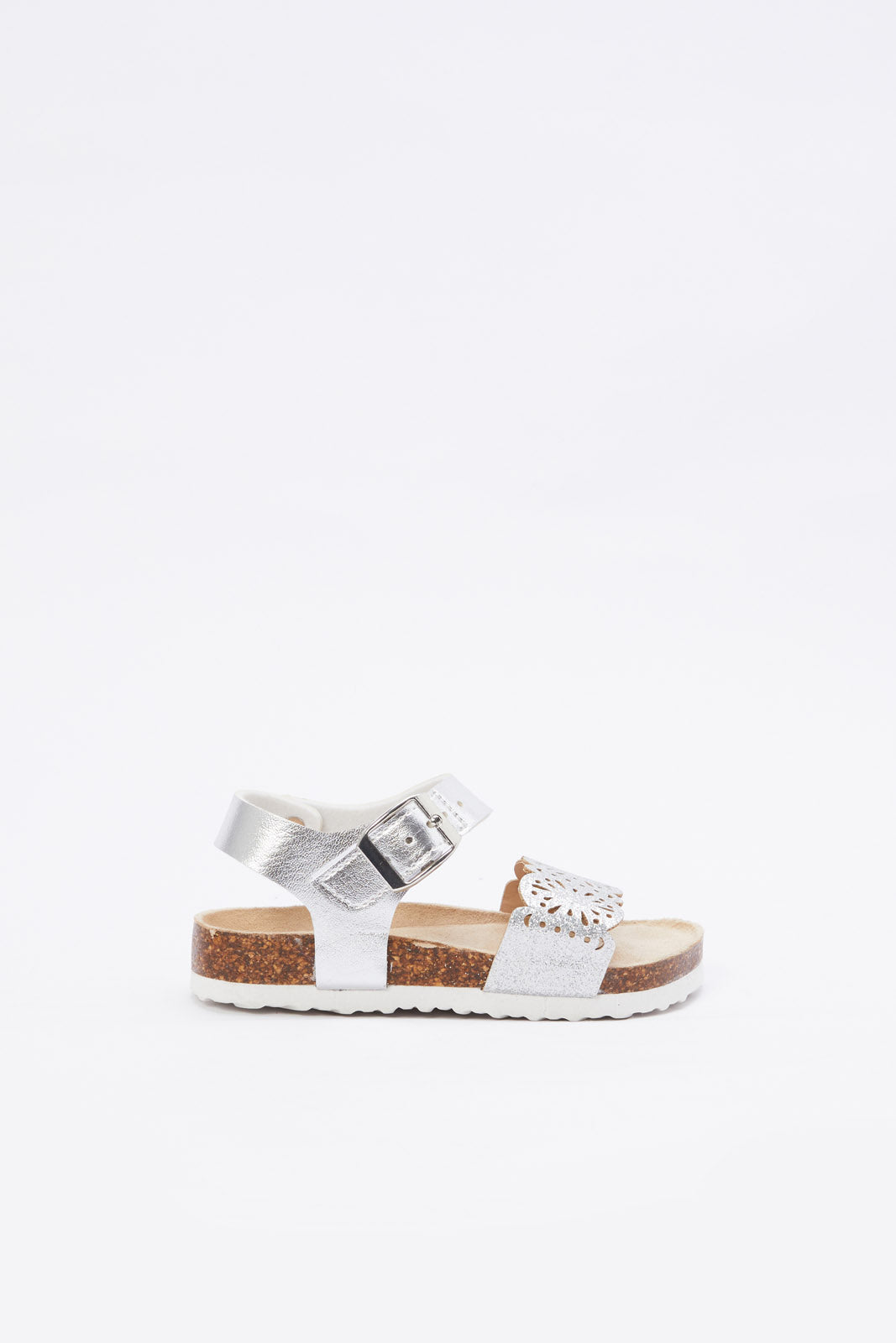 Redtag-Silver-Laser-Cut-Cork-Sandal-Category:Shoes,-Colour:Silver,-Deals:New-In,-Filter:Girls-Footwear-(1-to-3-Yrs),-H1:FOO,-H2:ING,-H3:SHO,-H4:CAH,-ING-Shoes,-New-In-ING-FOO,-Non-Sale,-Promo:,-RMD,-S23B,-Season:S23B,-Section:Girls-(0-to-14Yrs)-Infant-Girls-1 to 3 Years