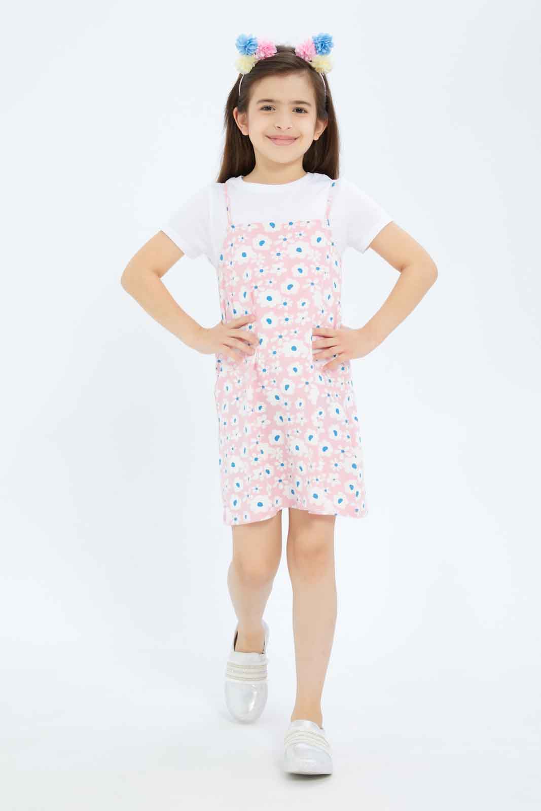 Redtag-Girls-Ls-Tee-And-Slip-Dress---Pibk-Floral-Category:Dresses,-Colour:Apricot,-Deals:New-In,-Dept:Girls,-Filter:Girls-(2-to-8-Yrs),-GIR-Dresses,-New-In-GIR-APL,-Non-Sale,-S23A,-Section:Girls-(0-to-14Yrs)-Girls-2 to 8 Years