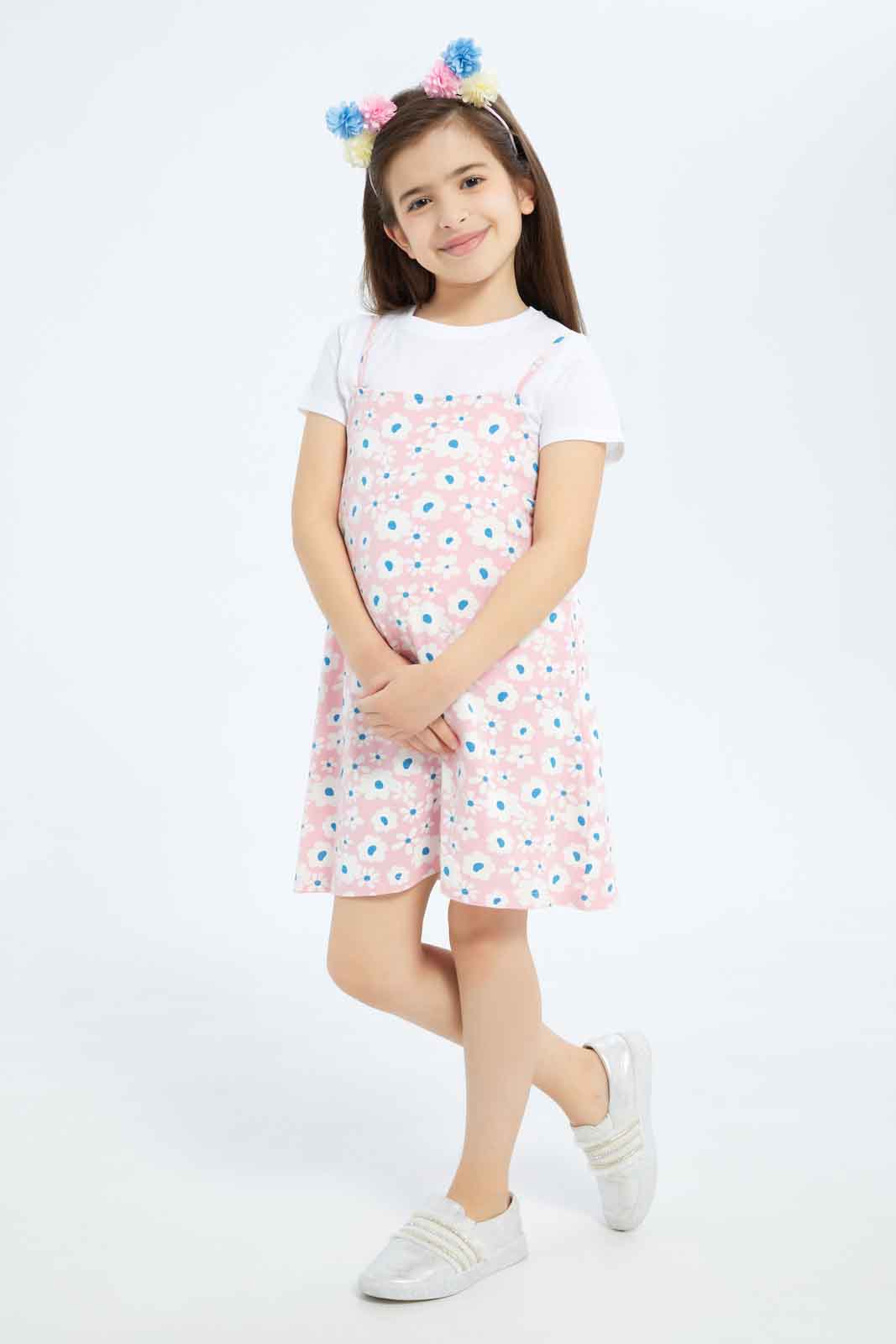 Redtag-Girls-Ls-Tee-And-Slip-Dress---Pibk-Floral-Category:Dresses,-Colour:Apricot,-Deals:New-In,-Dept:Girls,-Filter:Girls-(2-to-8-Yrs),-GIR-Dresses,-New-In-GIR-APL,-Non-Sale,-S23A,-Section:Girls-(0-to-14Yrs)-Girls-2 to 8 Years