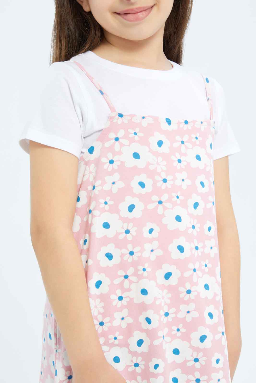 Redtag-Girls-Ls-Tee-And-Slip-Dress---Pibk-Floral-Category:Dresses,-Colour:Apricot,-Deals:New-In,-Dept:Girls,-Filter:Girls-(2-to-8-Yrs),-GIR-Dresses,-New-In-GIR-APL,-Non-Sale,-S23A,-Section:Girls-(0-to-14Yrs)-Girls-2 to 8 Years
